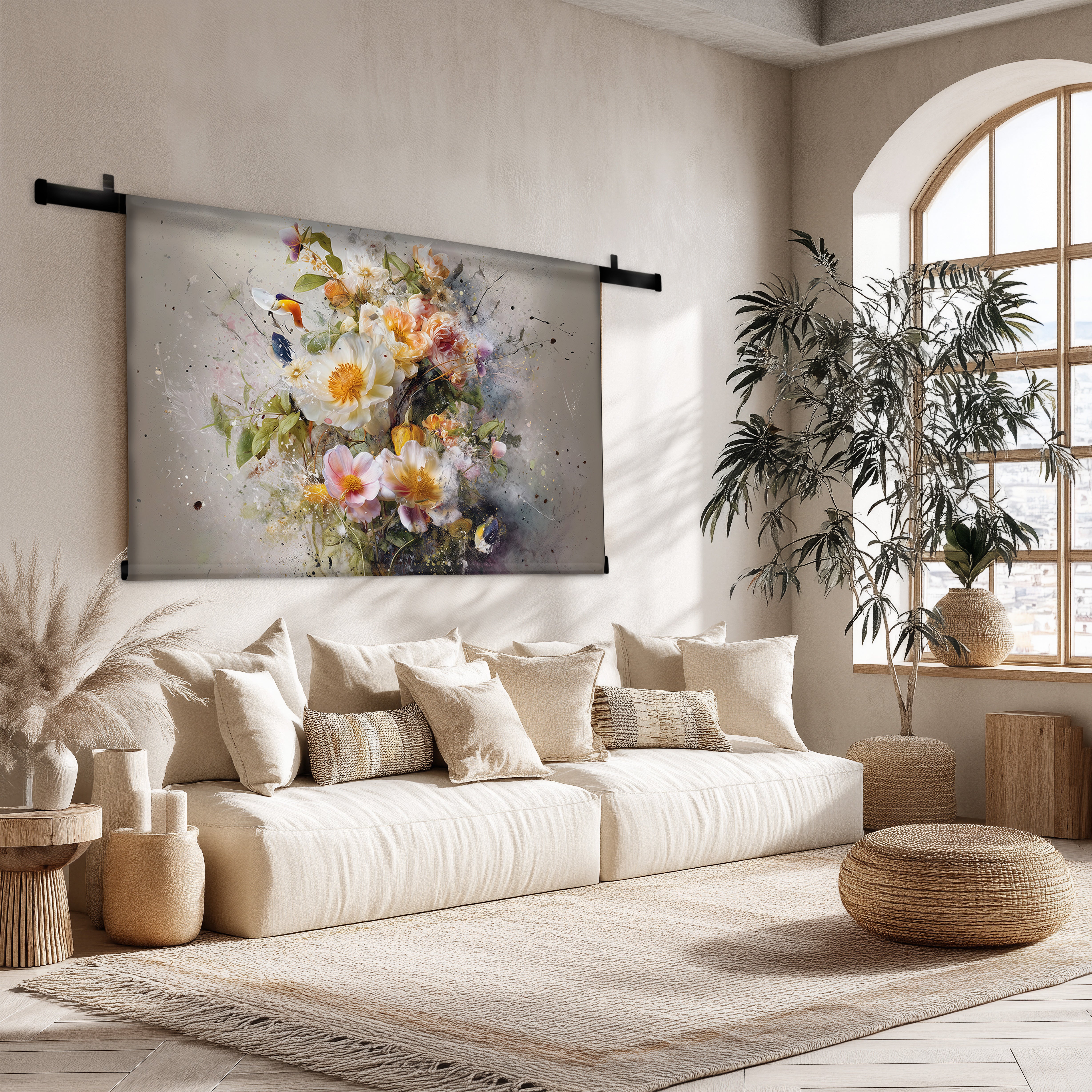 Wandkleed Bloemen explosie 3 met zwarte roedes boven een lichte bank.