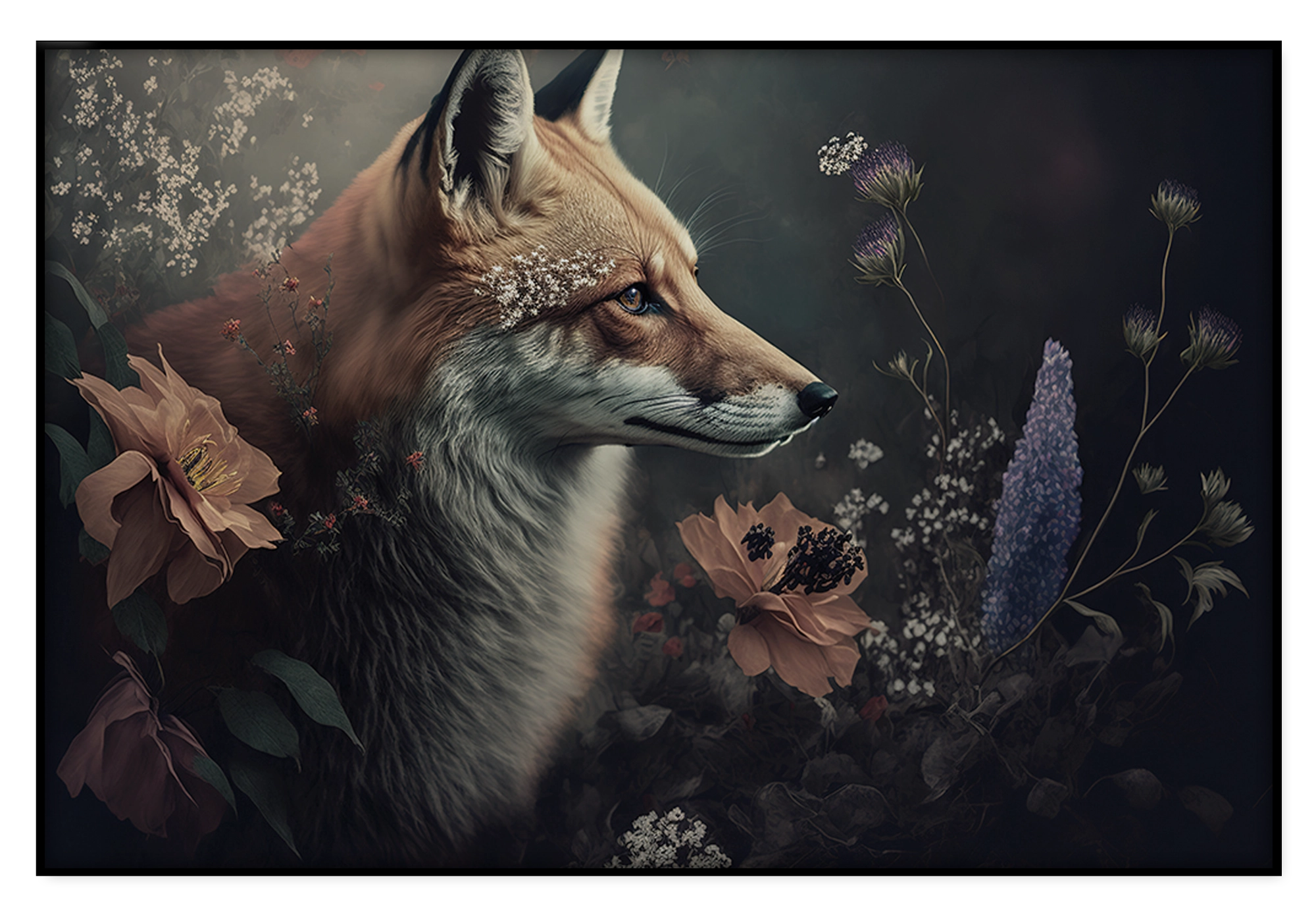 Artframe Vos 3: vos in profiel met bladeren en bloemen in warme bruine tinten.