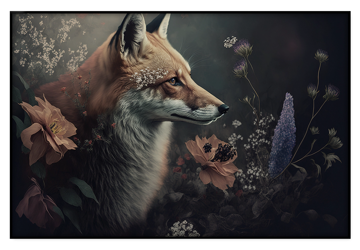 Artframe Vos 3: vos in profiel met bladeren en bloemen in warme bruine tinten.