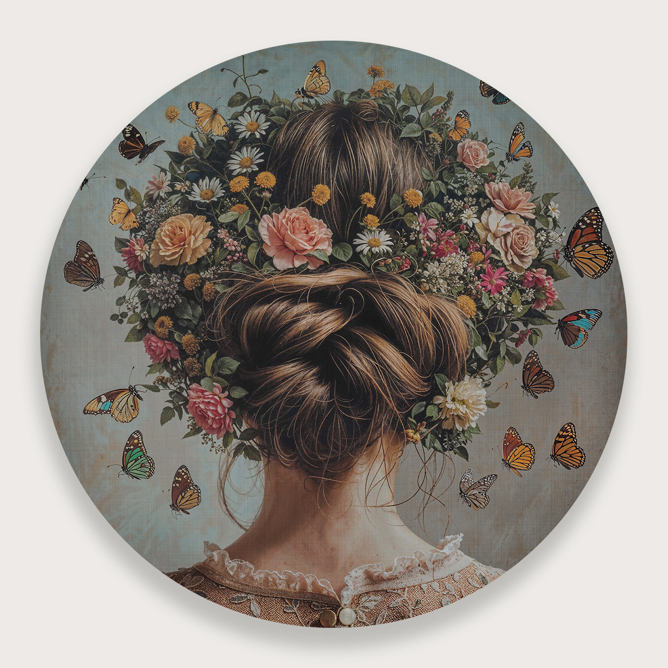Aluminium muurcirkel Freja: vrouw van achteren met opgestoken haar, bloemen en vlinders.