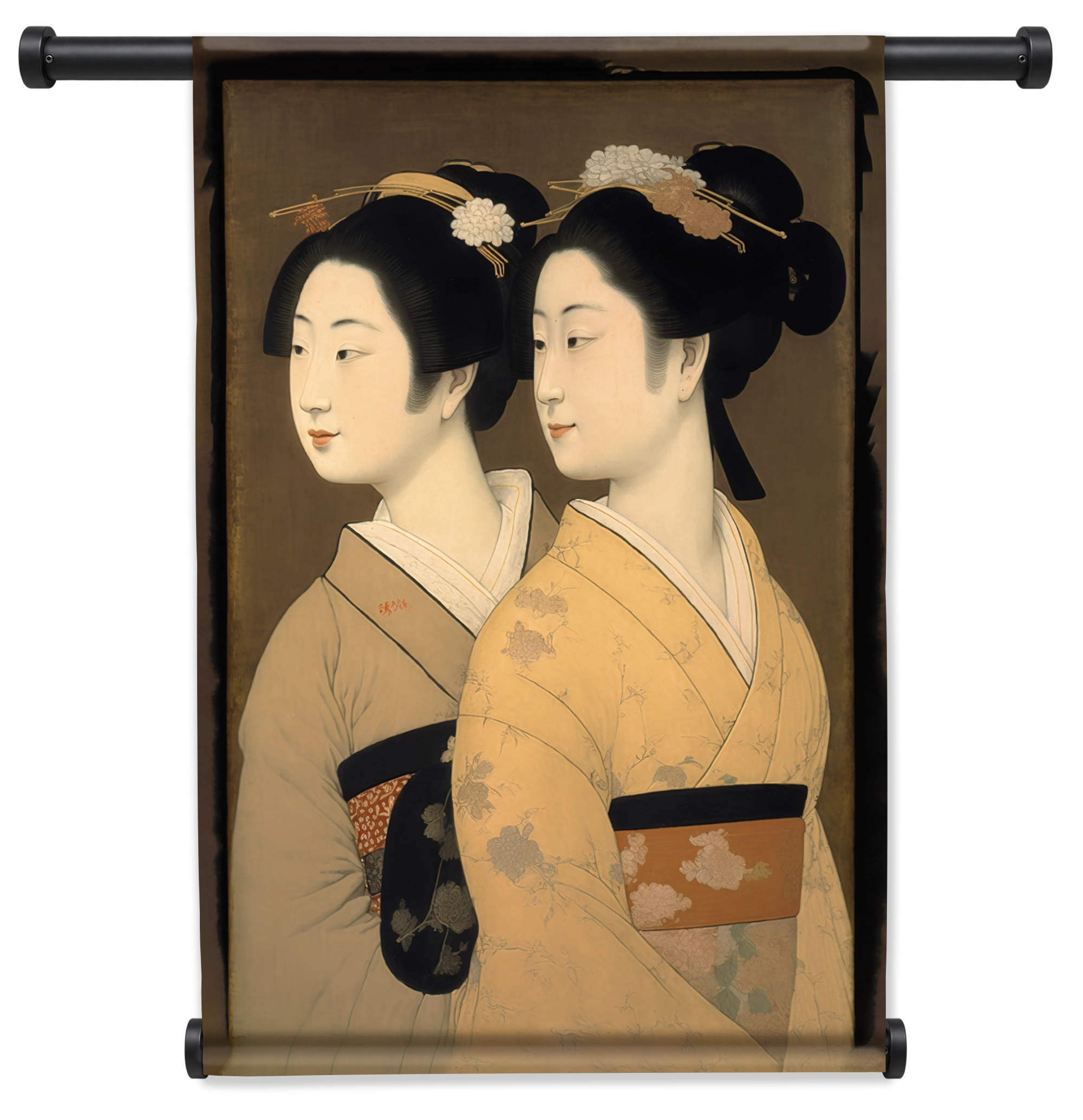 Wandkleed Geisha's: twee vrouwen in kimono in Japanse prentstijl.