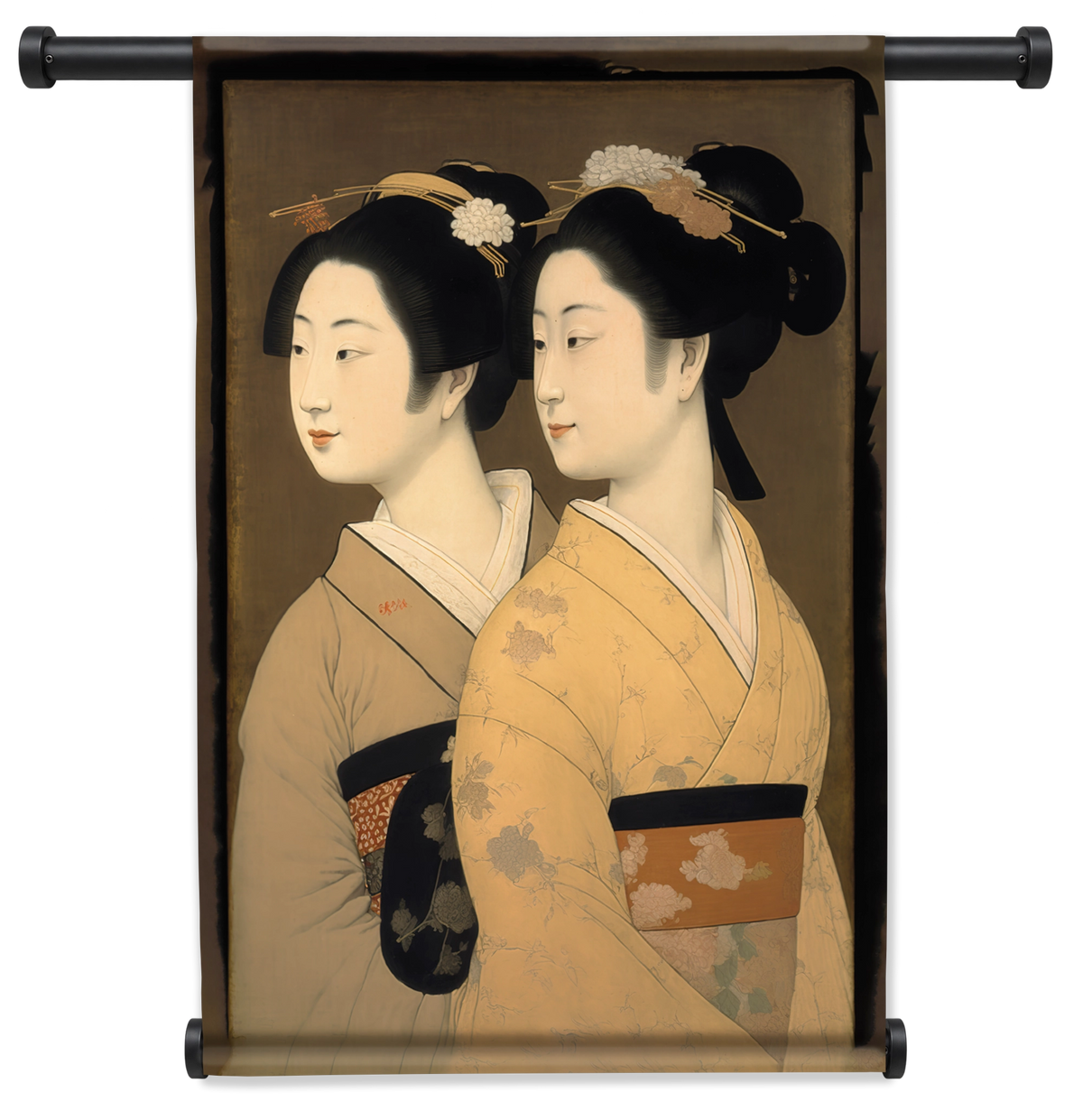 Wandkleed Geisha's: twee vrouwen in kimono in Japanse prentstijl.