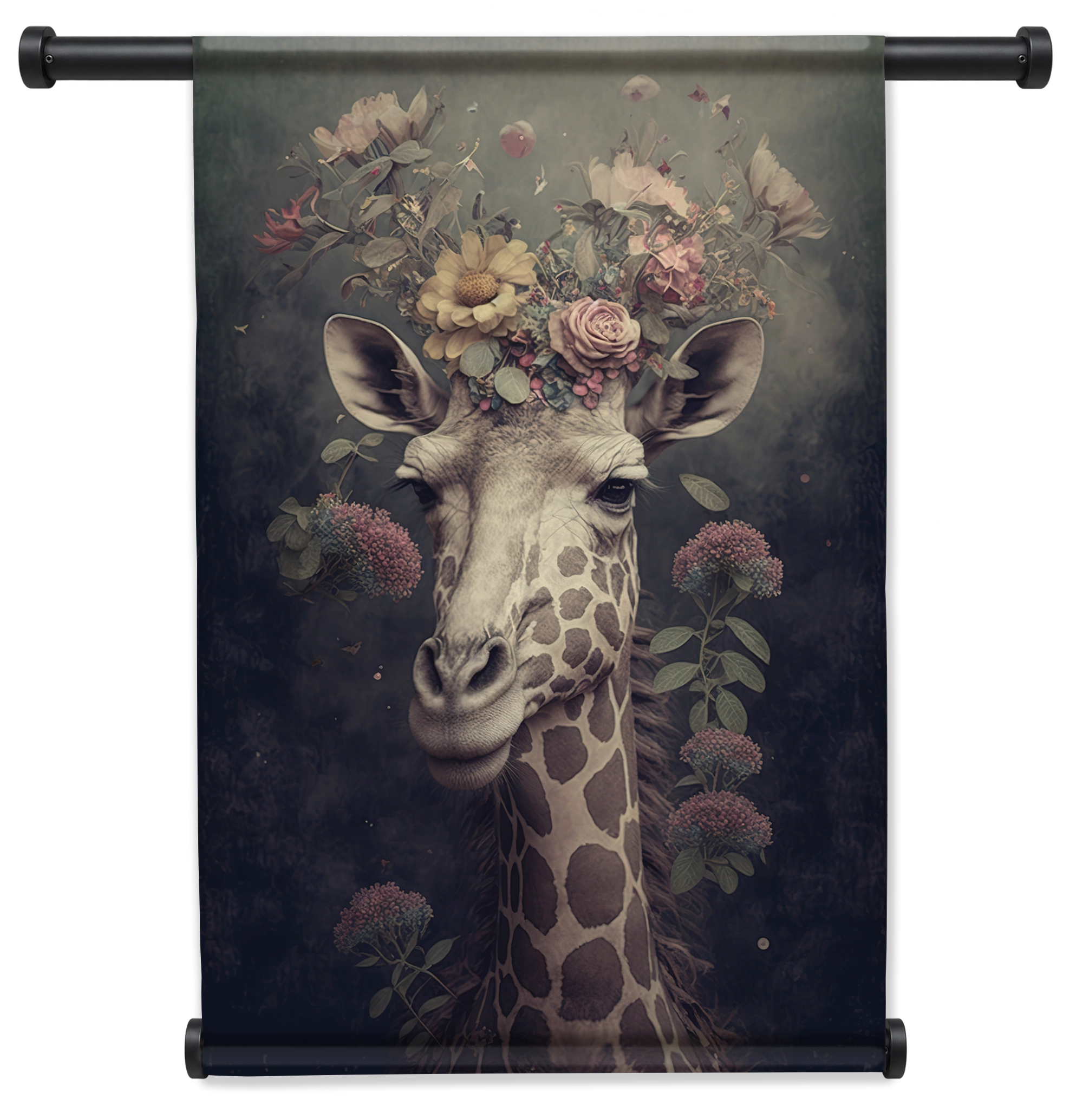 Wandkleed Giraf: giraf met een kroon van roze bloemen.