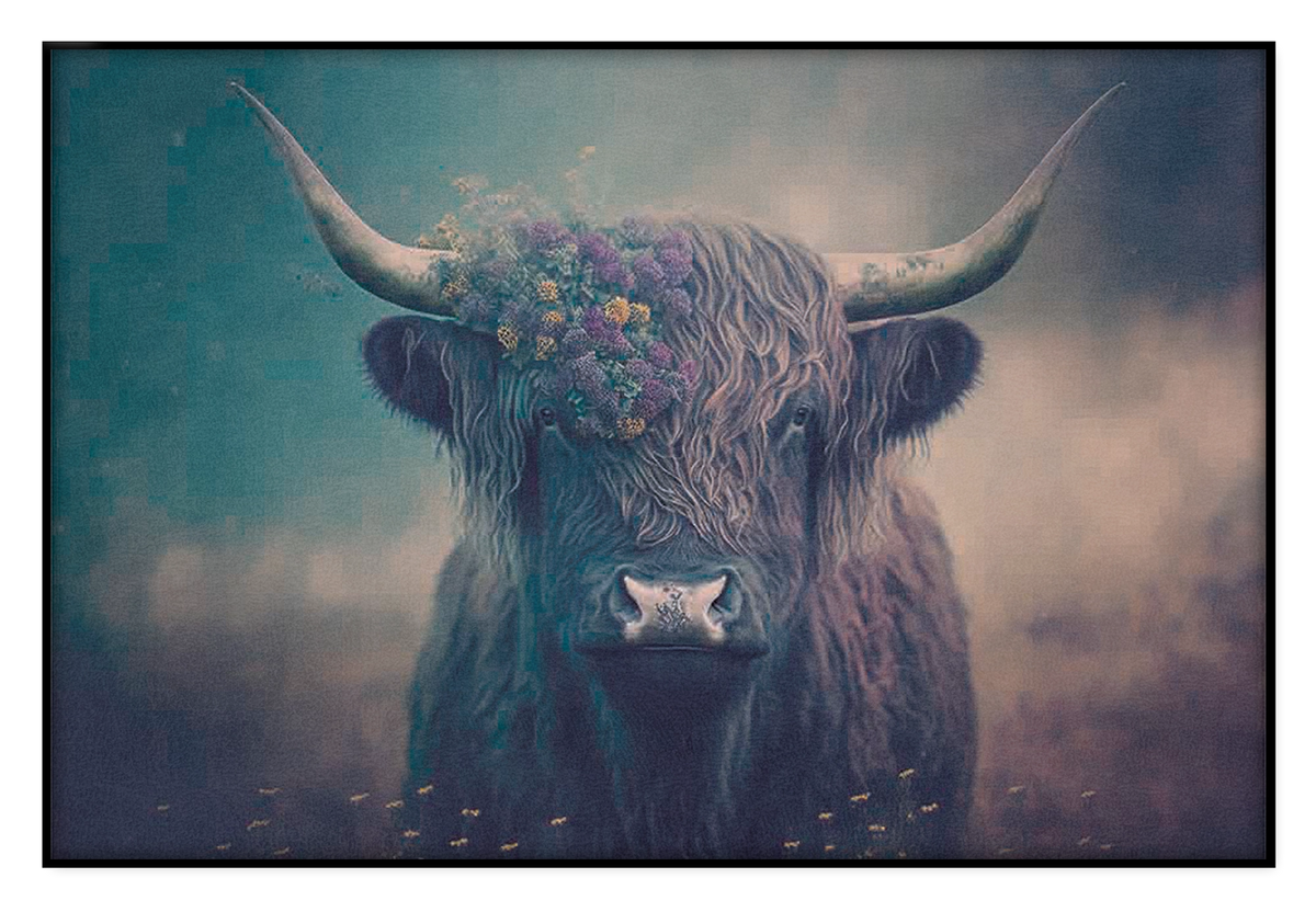 Akoestisch paneel Schotse hooglander 4: Schotse hooglander met bloemen op de kop in blauw-paarse tinten.