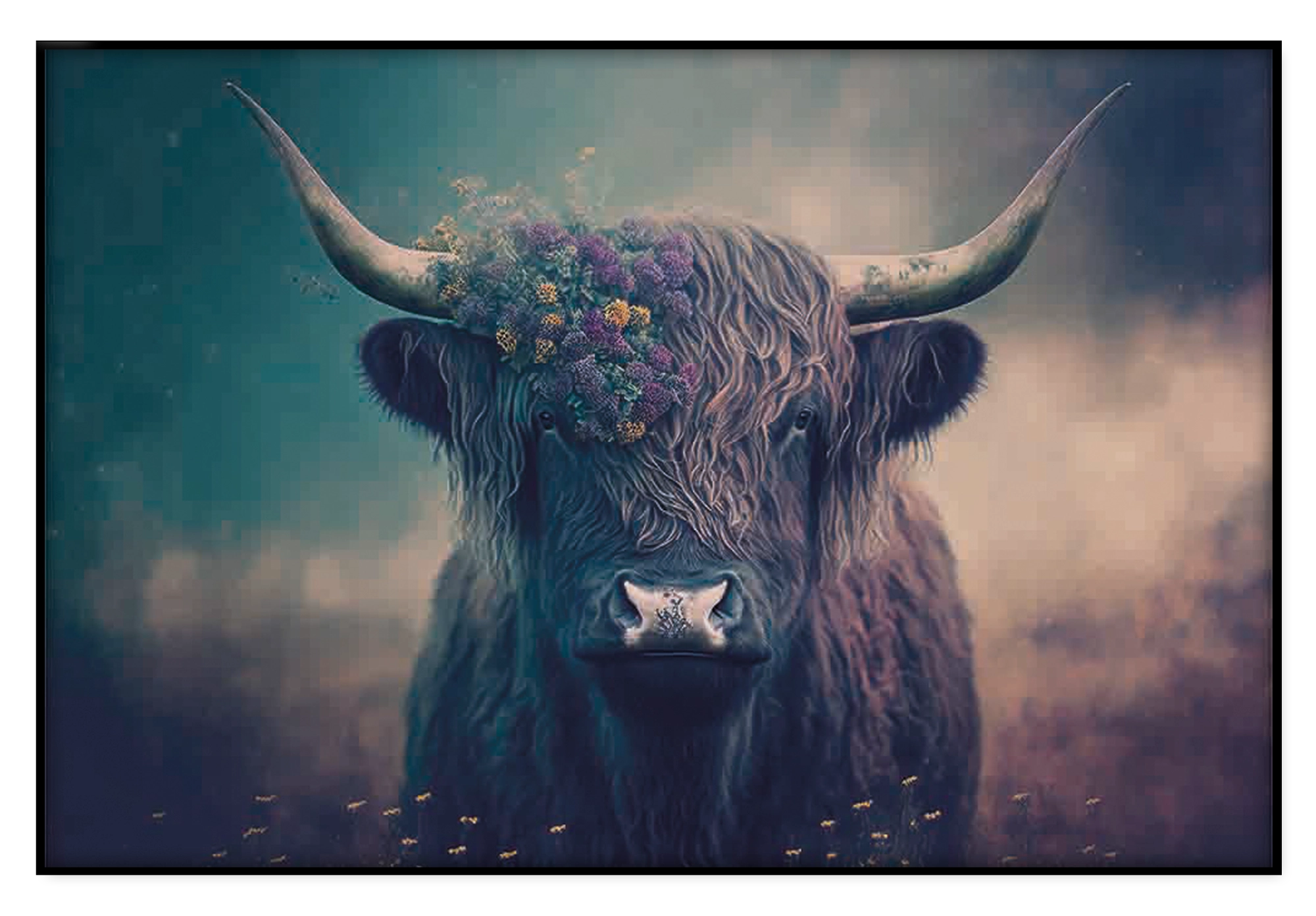 Artframe Schotse hooglander 4: Schotse hooglander met bloemen op de kop in blauw-paarse tinten.
