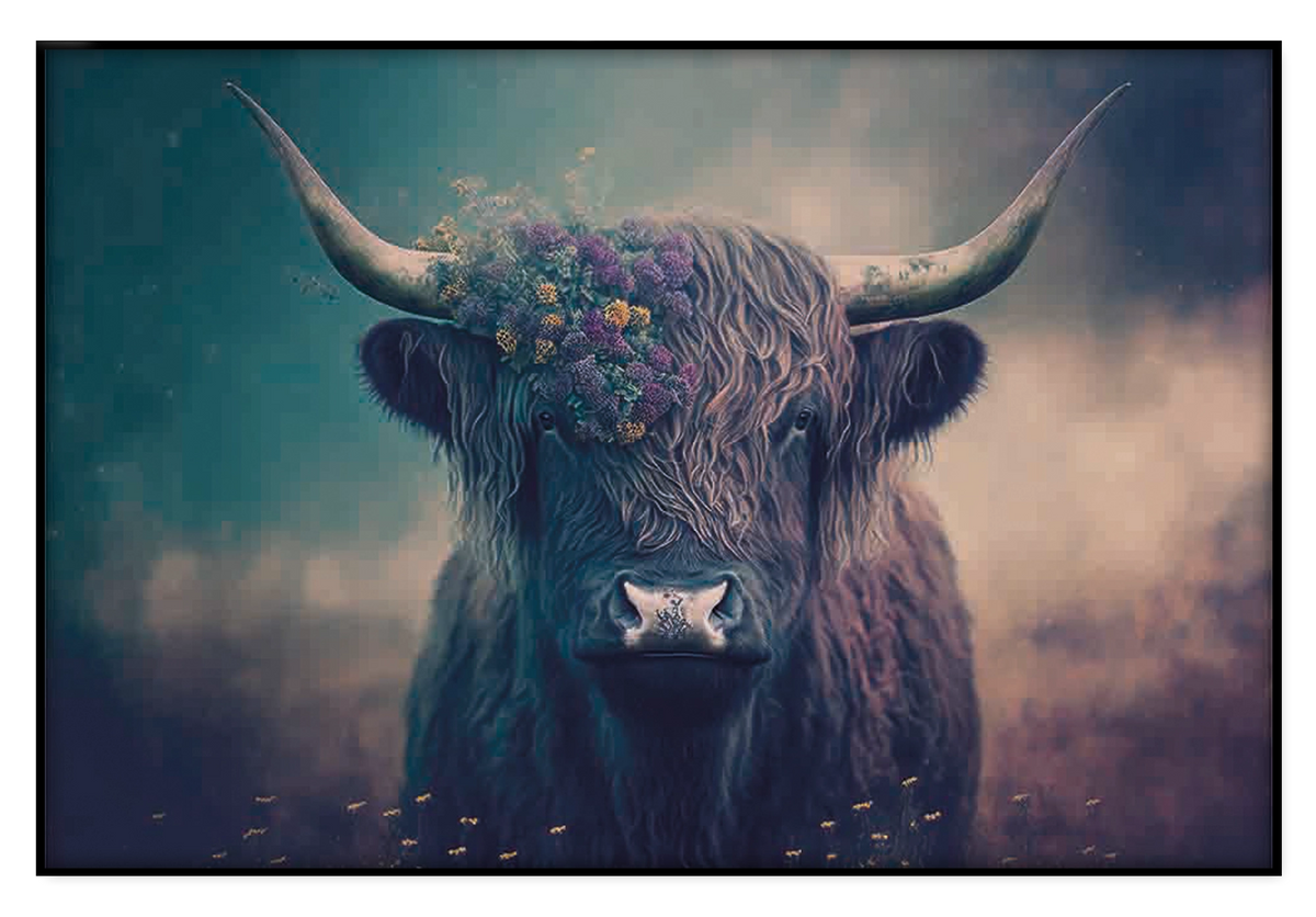 Artframe Schotse hooglander 4: Schotse hooglander met bloemen op de kop in blauw-paarse tinten.