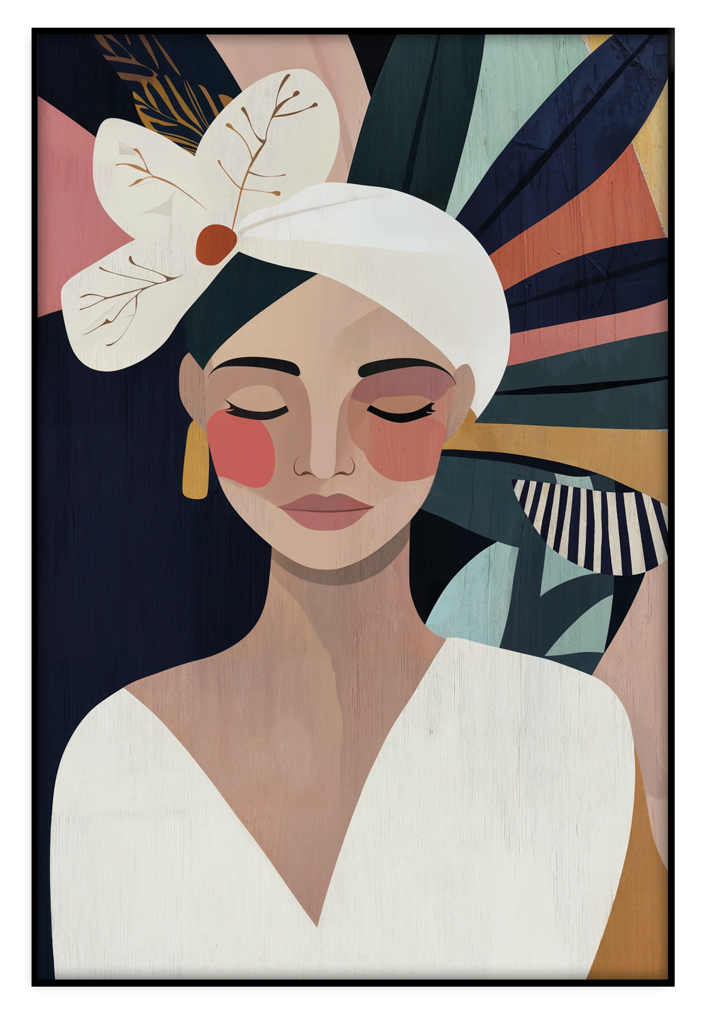 Artframe Amelia: vrouw met witte hoofddoek en een grote bloem.
