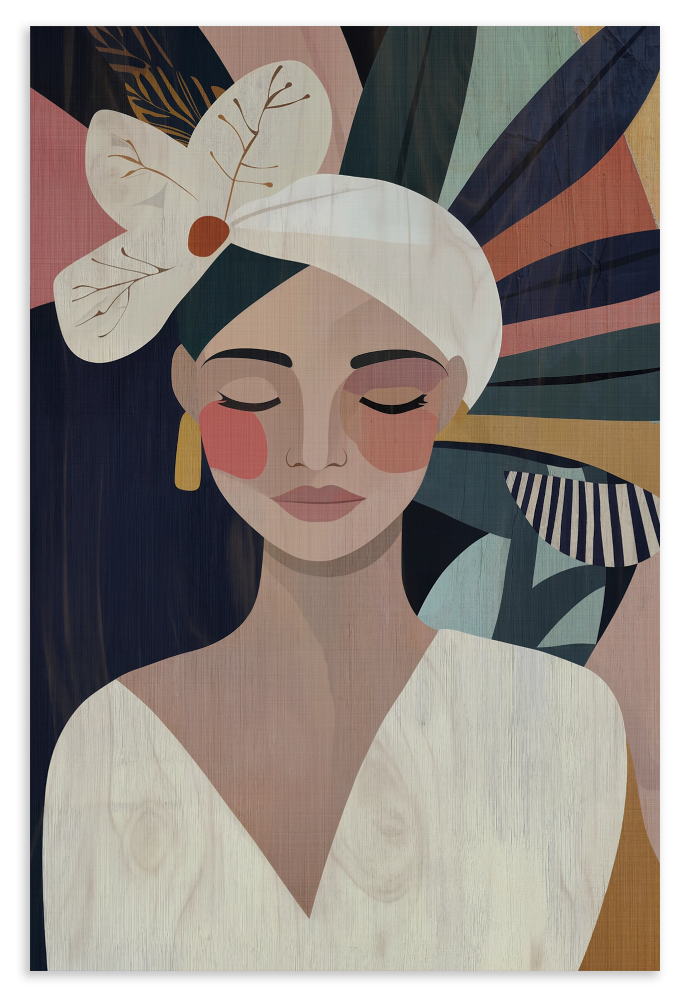 Houten wanddecoratie Amelia: vrouw met witte hoofddoek en een grote bloem.