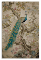 Houten wanddecoratie Aziatisch Pauw: blauwgroene pauw op een tak tussen lichte bloemen.