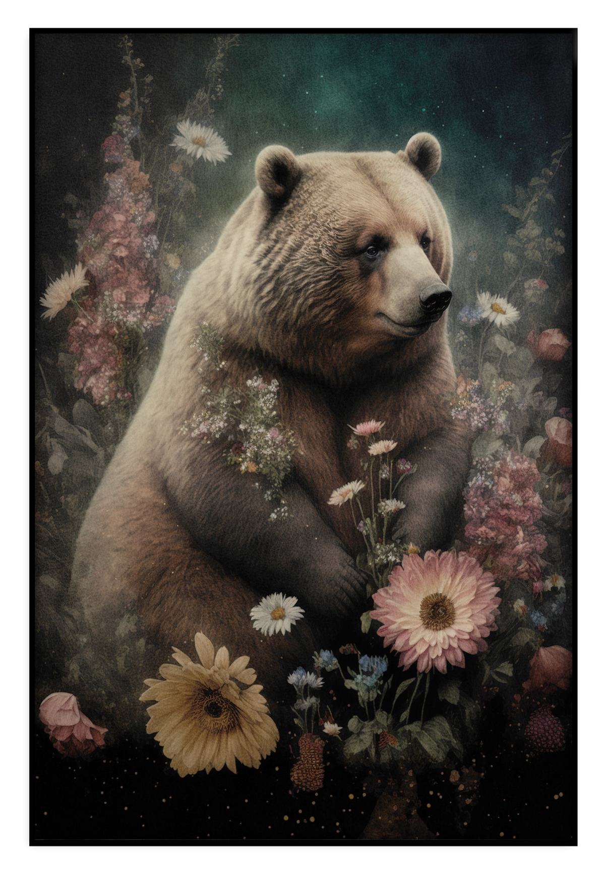 Akoestisch paneel Bear: bruine beer tussen roze en gele bloemen.