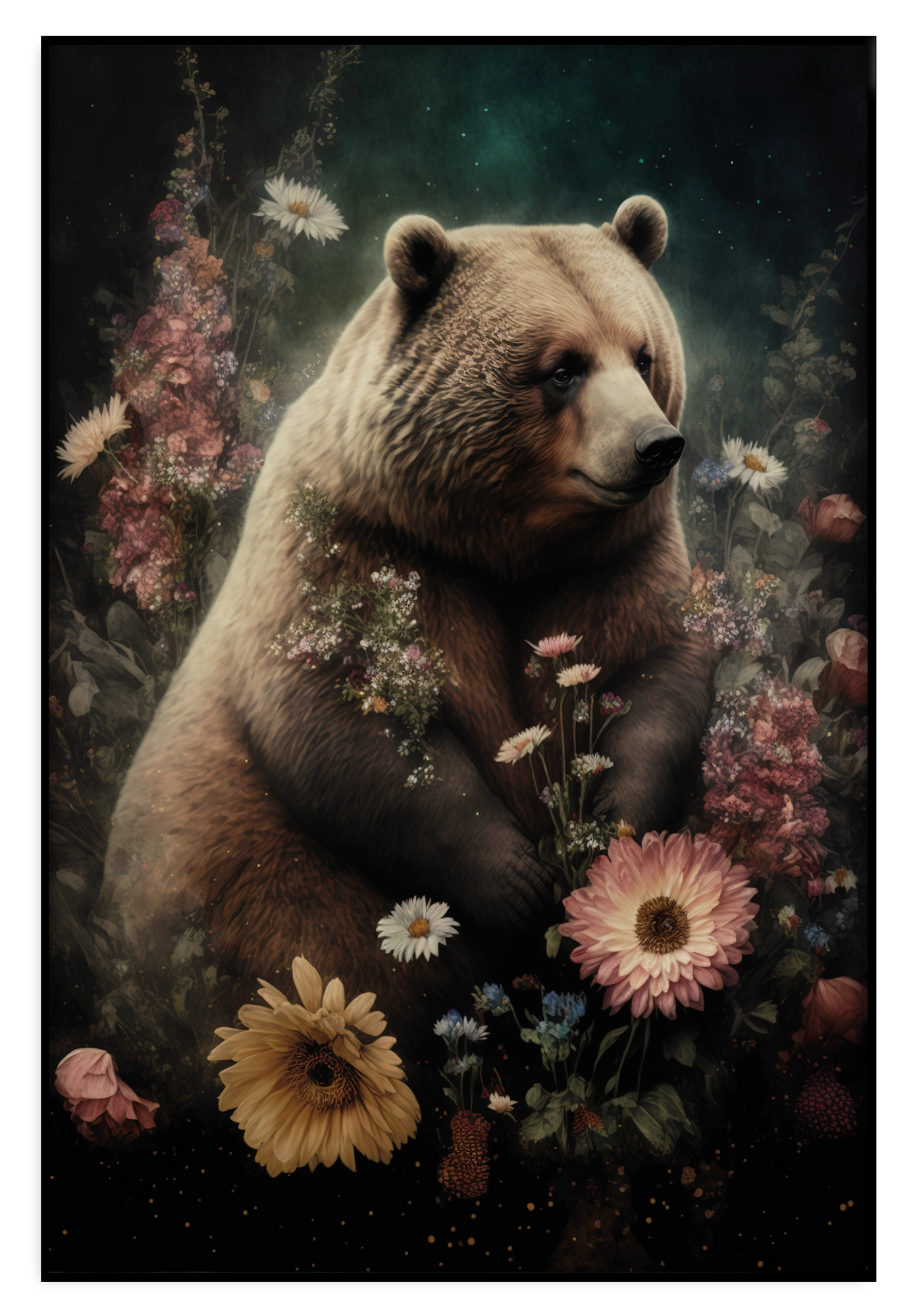 Artframe Bear: bruine beer tussen roze en gele bloemen.