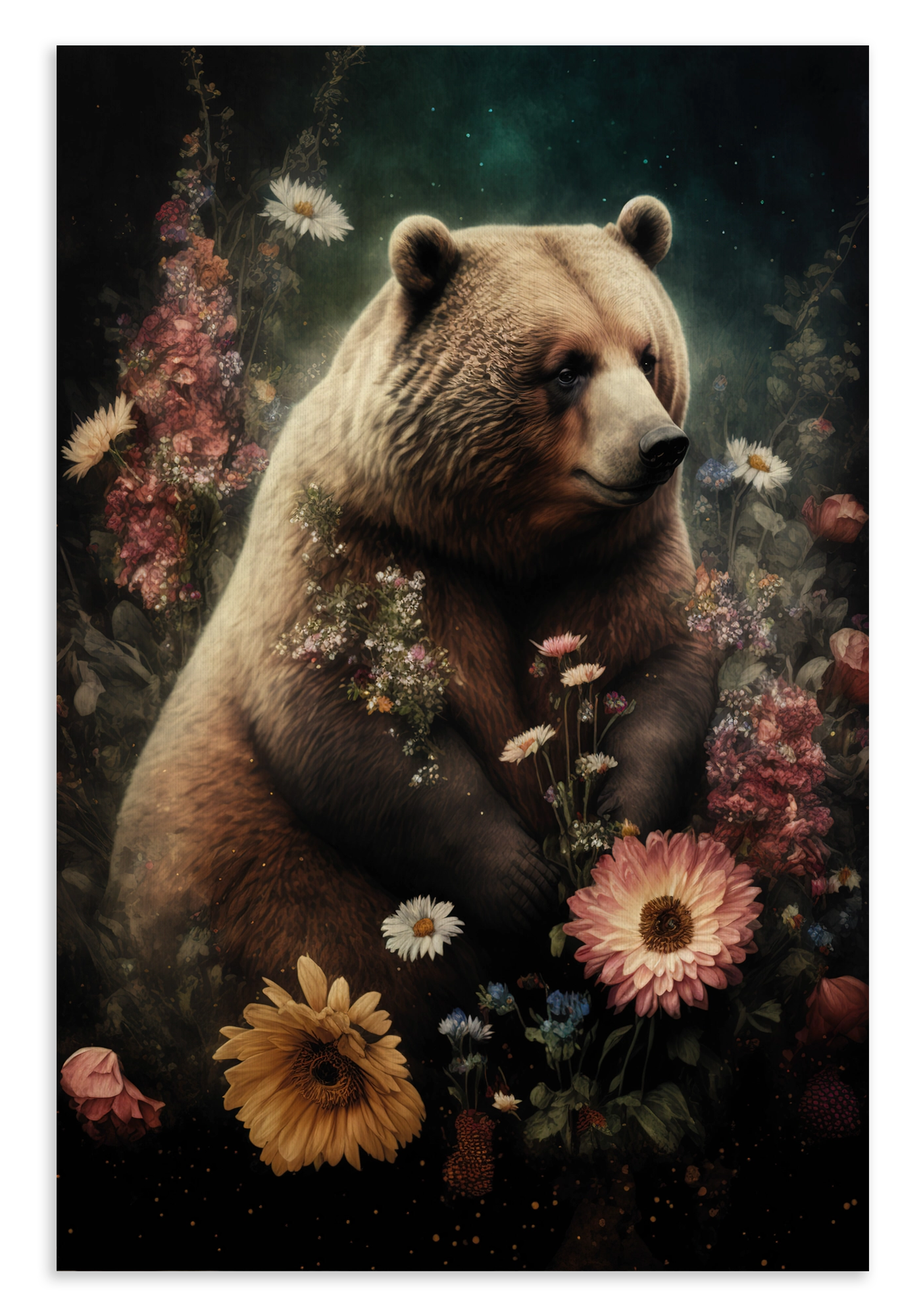 Canvas schilderij Bear: bruine beer tussen roze en gele bloemen.