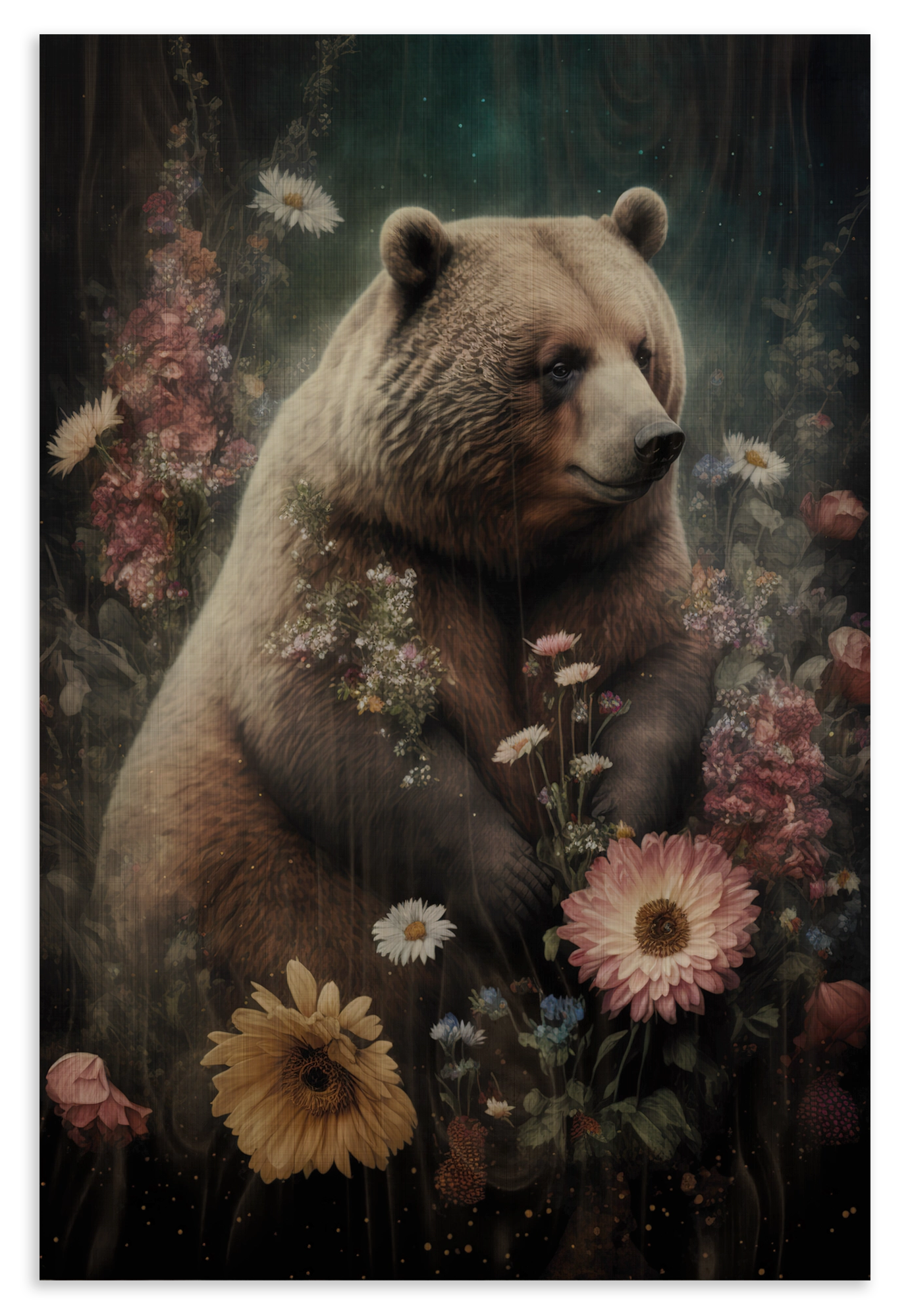 Houten wanddecoratie Bear: bruine beer tussen roze en gele bloemen.