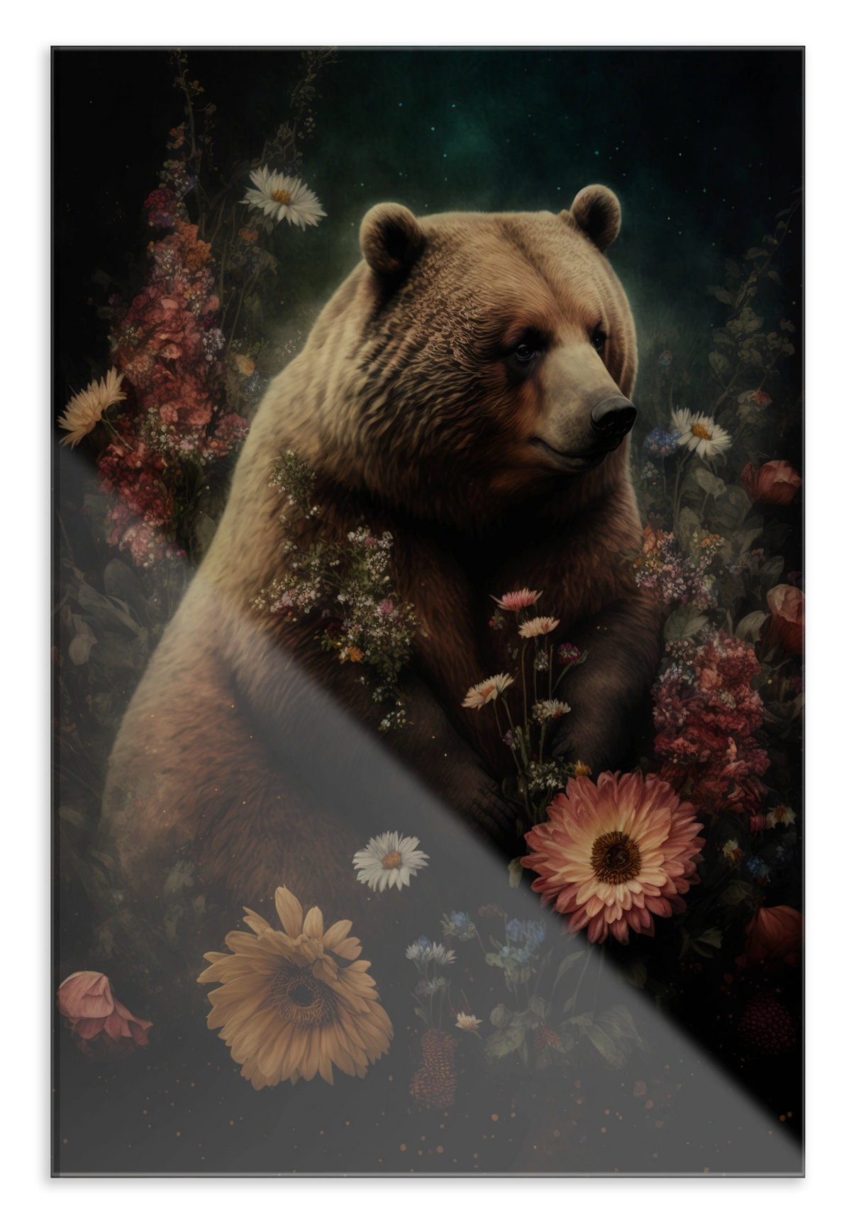 Plexiglas schilderij Bear: bruine beer tussen roze en gele bloemen.