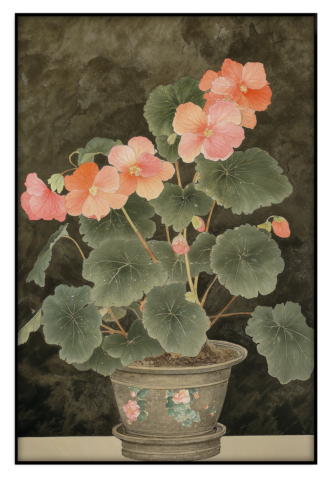 Artframe Begonia: begonia met roze bloemen in een sierpot.