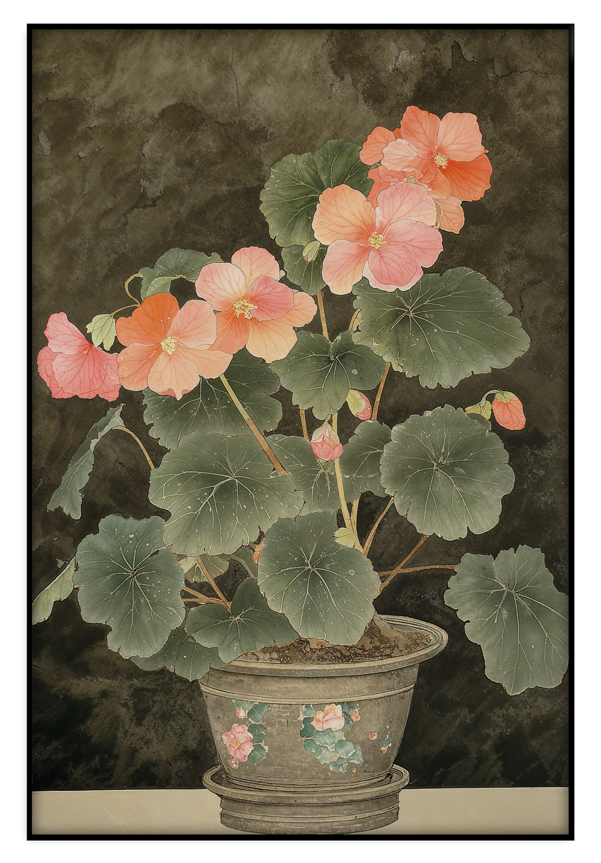 Artframe Begonia: begonia met roze bloemen in een sierpot.