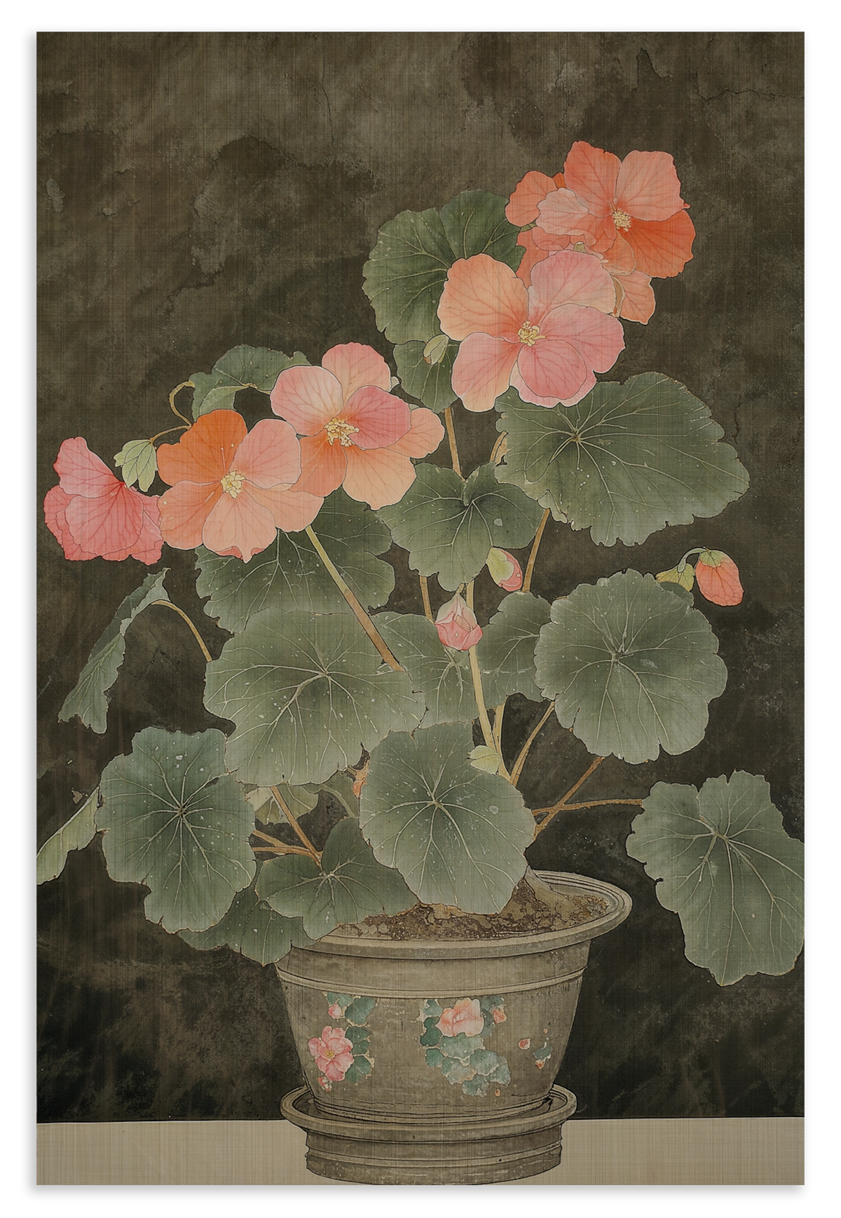 Houten wanddecoratie Begonia: begonia met roze bloemen in een sierpot.