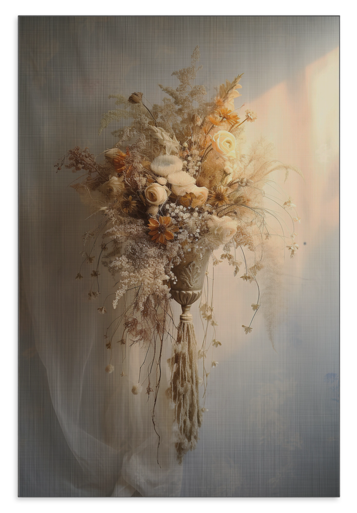 Aluminium Dibond schilderij Bloemen 10: licht boeket met droogbloemen tegen een beige achtergrond.