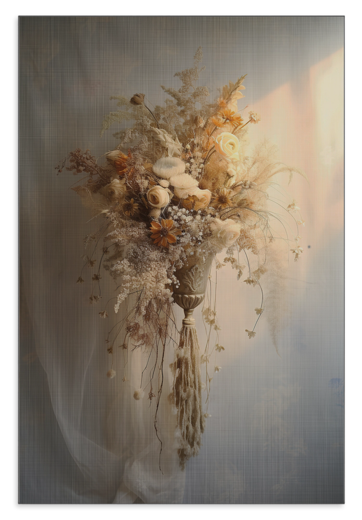 Aluminium Dibond schilderij Bloemen 10: licht boeket met droogbloemen tegen een beige achtergrond.