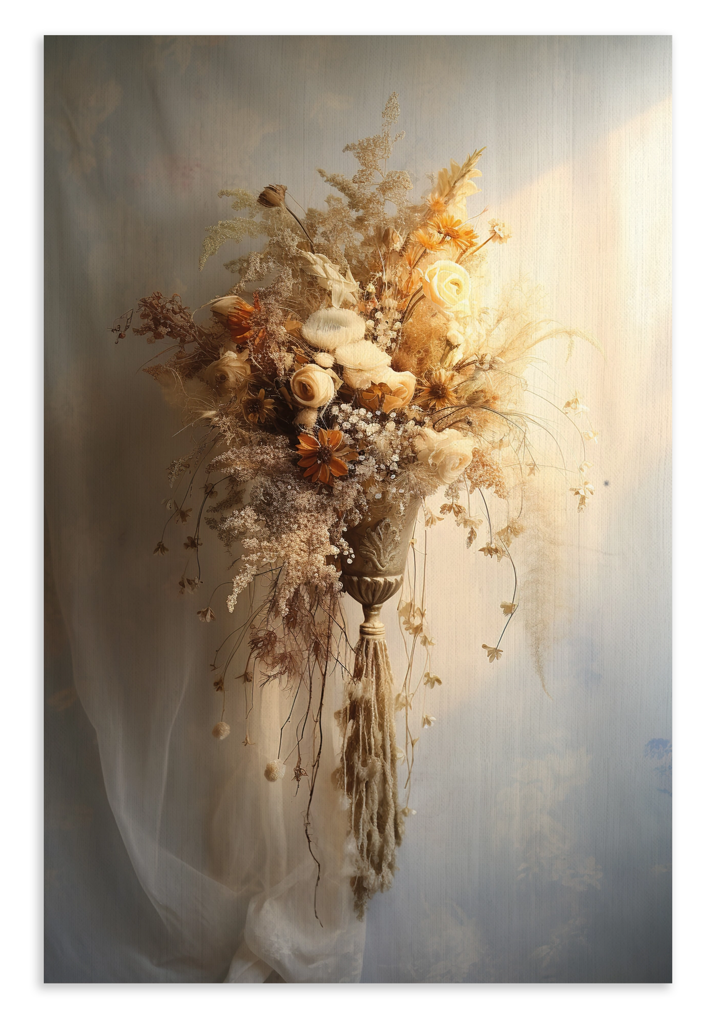 Canvas schilderij Bloemen 10: licht boeket met droogbloemen tegen een beige achtergrond.
