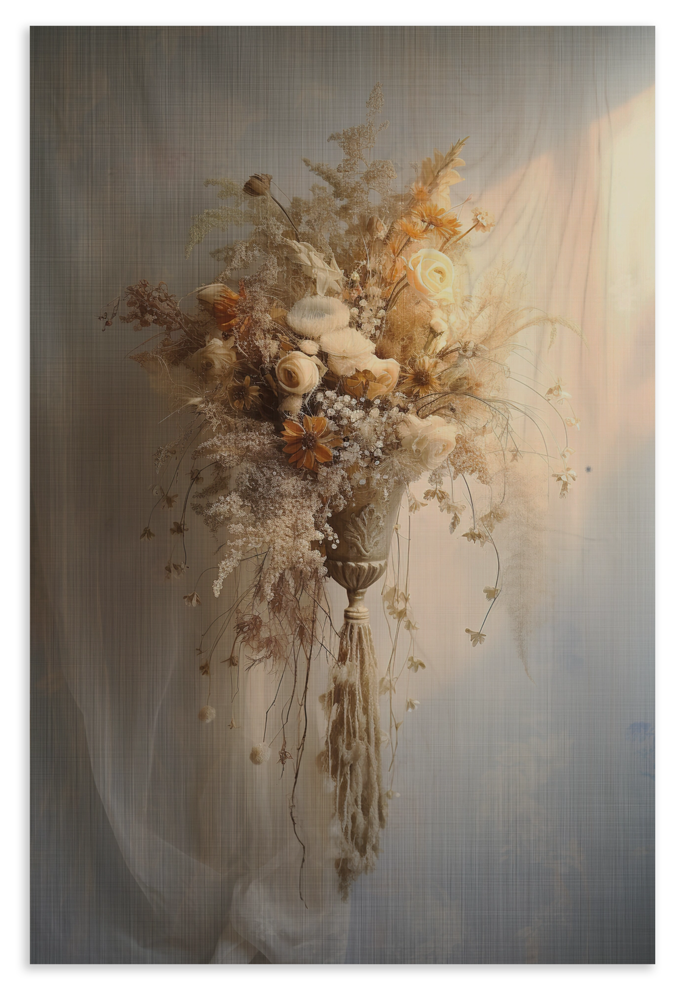 Houten wanddecoratie Bloemen 10: licht boeket met droogbloemen tegen een beige achtergrond.