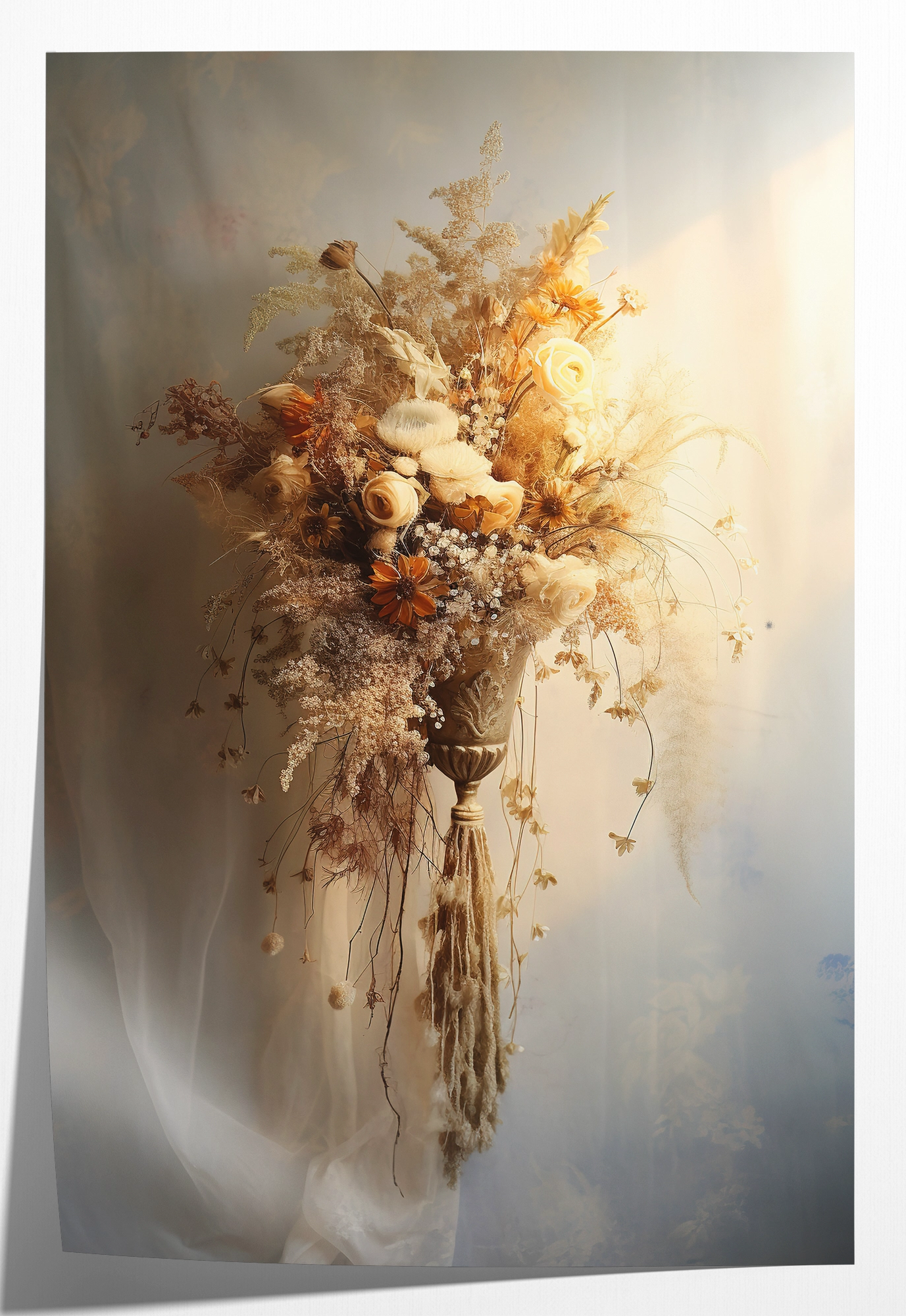 Papieren poster Bloemen 10: licht boeket met droogbloemen tegen een beige achtergrond.