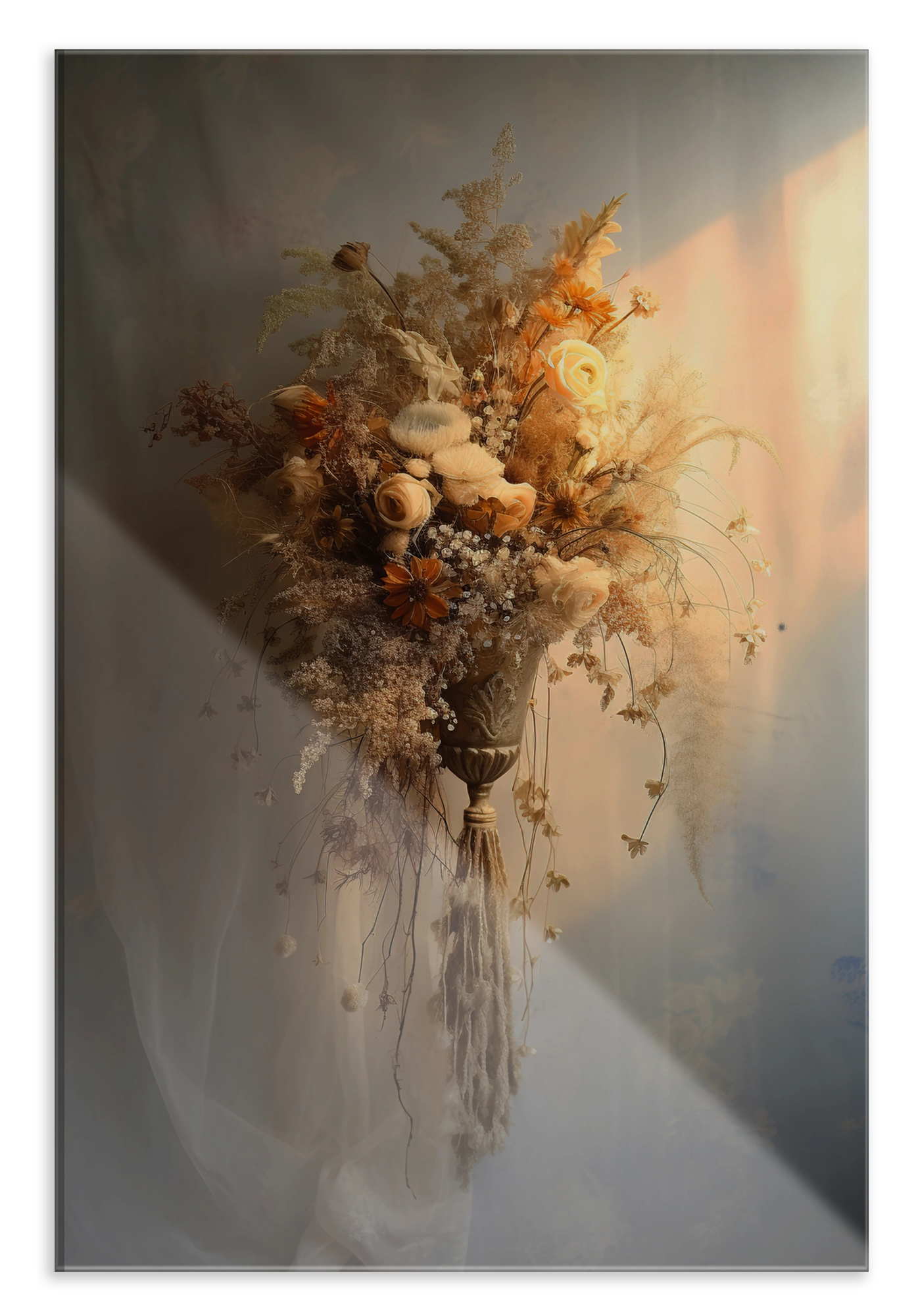Plexiglas schilderij Bloemen 10: licht boeket met droogbloemen tegen een beige achtergrond.
