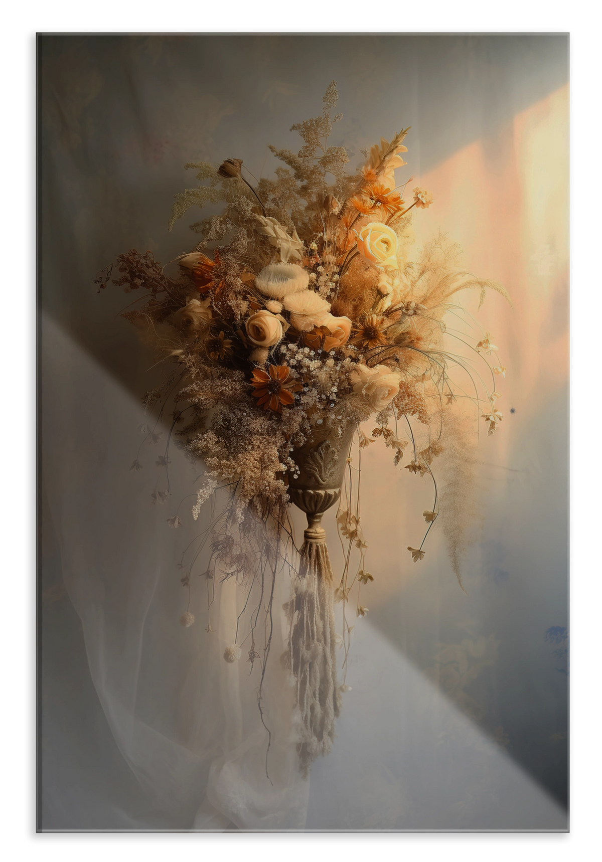 Plexiglas schilderij Bloemen 10: licht boeket met droogbloemen tegen een beige achtergrond.