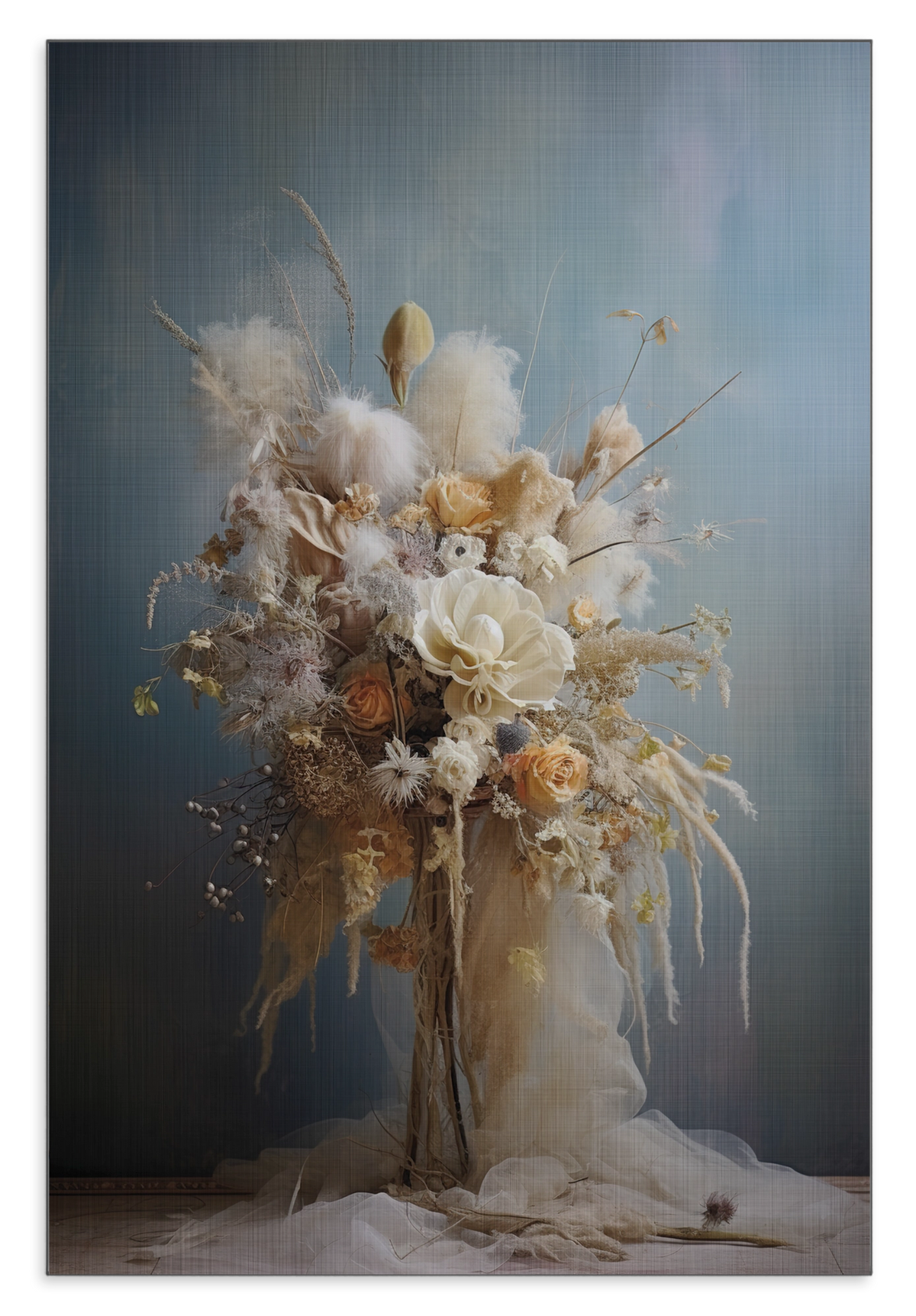 Aluminium Dibond schilderij Bloemen 11: wit bloemenboeket tegen een blauwgrijze achtergrond.