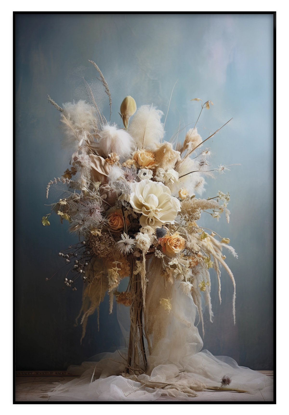 Artframe Bloemen 11: wit bloemenboeket tegen een blauwgrijze achtergrond.