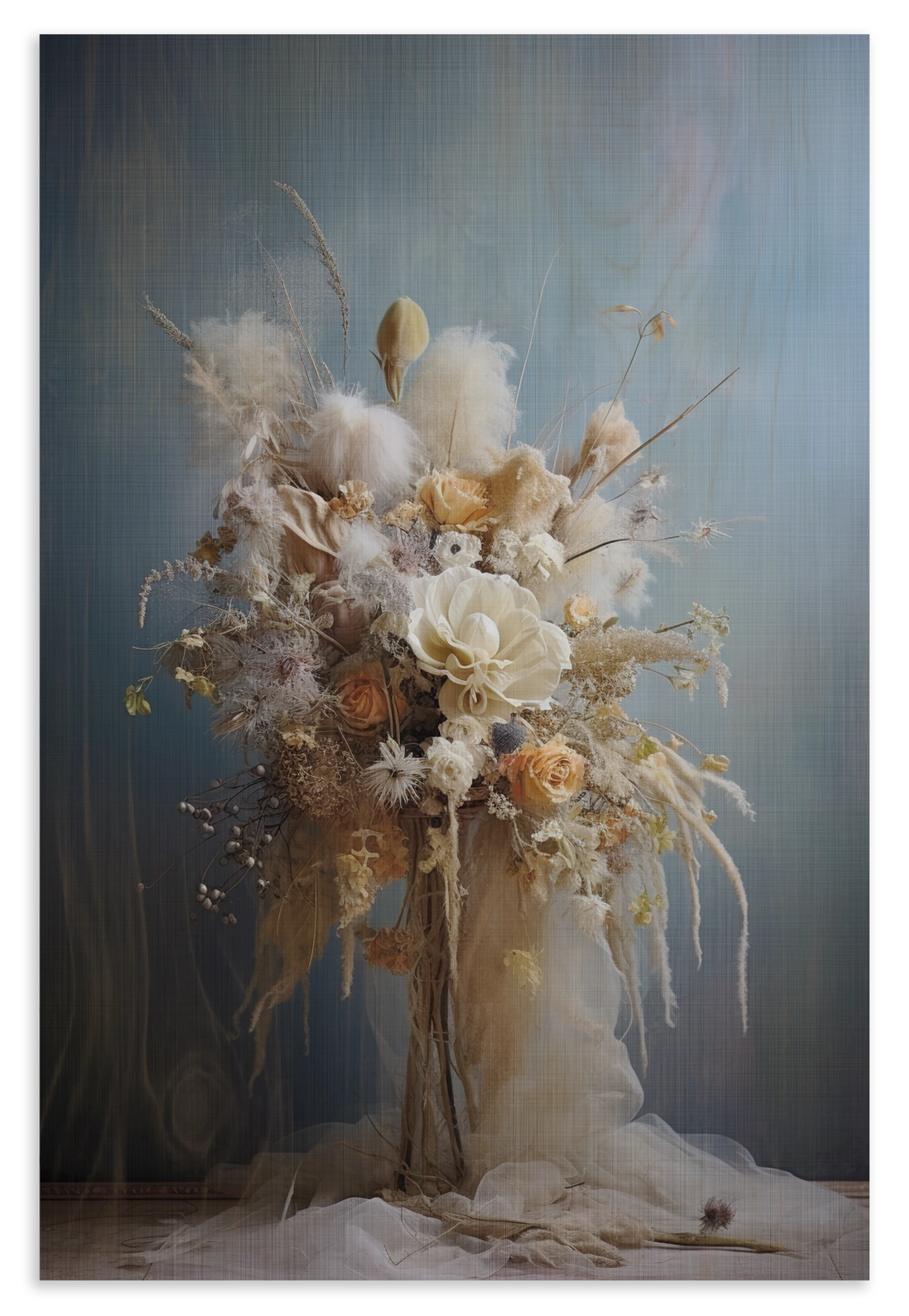 Houten wanddecoratie Bloemen 11: wit bloemenboeket tegen een blauwgrijze achtergrond.