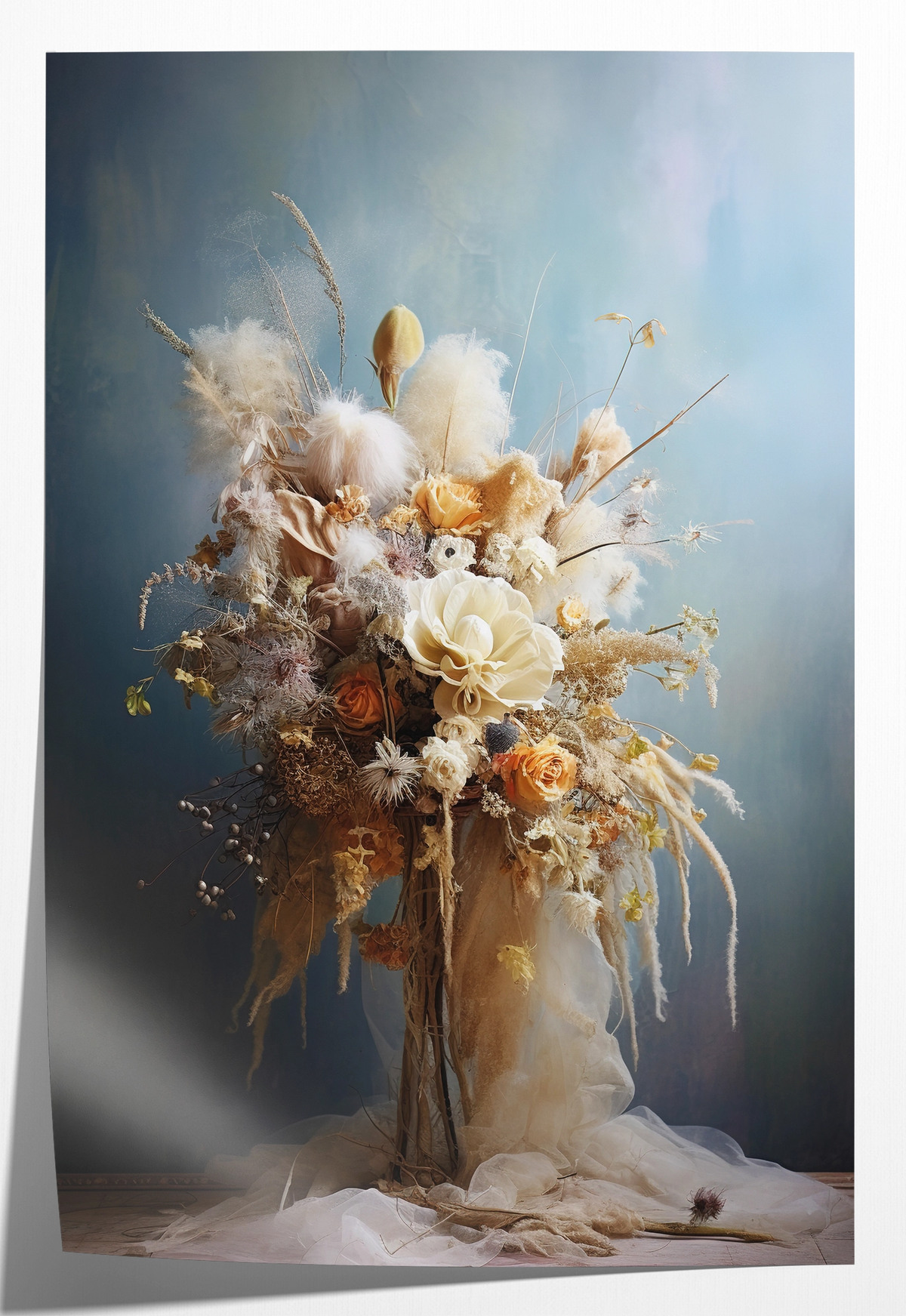 Papieren poster Bloemen 11: wit bloemenboeket tegen een blauwgrijze achtergrond.