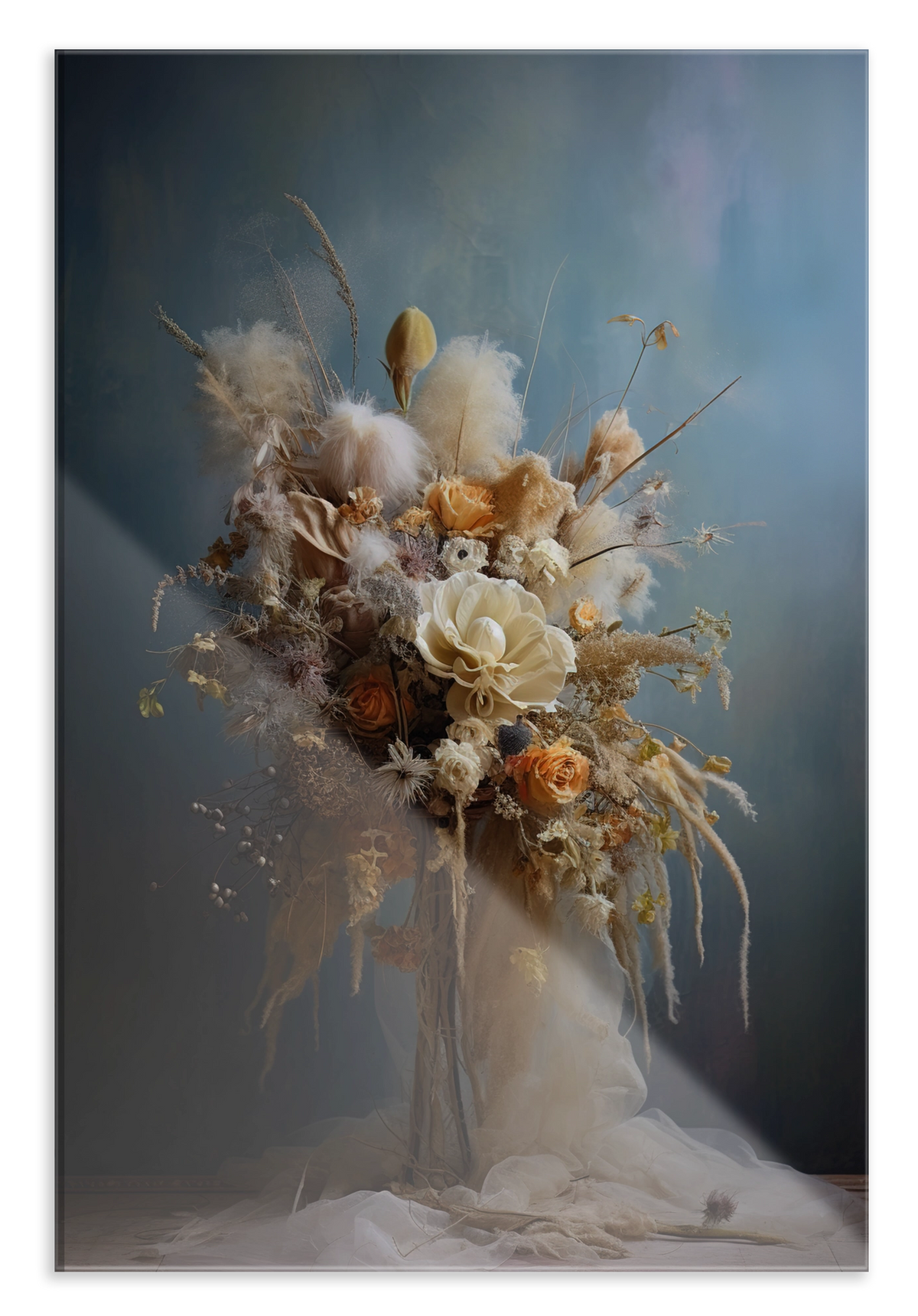 Plexiglas schilderij Bloemen 11: wit bloemenboeket tegen een blauwgrijze achtergrond.