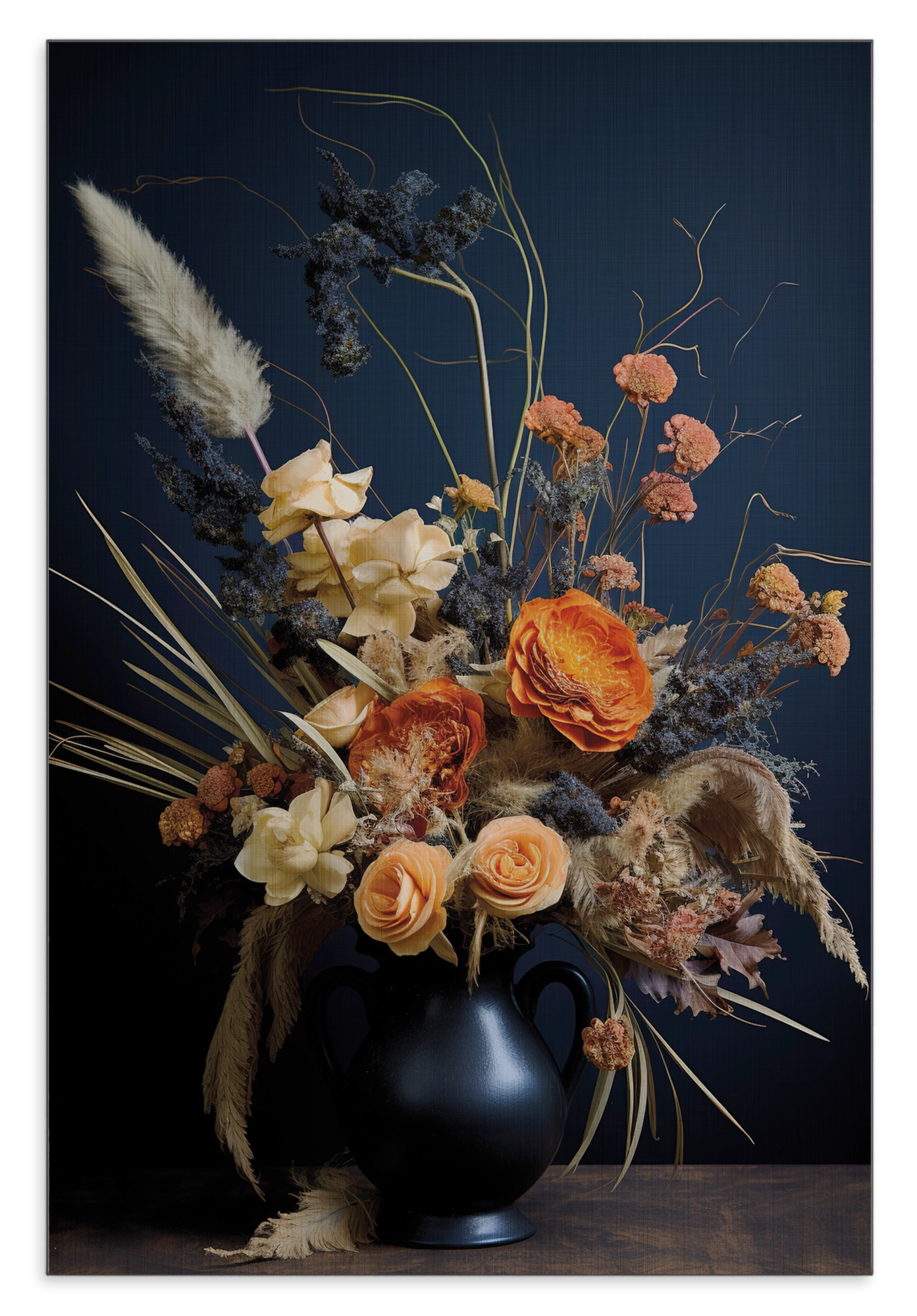 Aluminium Dibond schilderij Bloemen 12: kleurrijk boeket met pluimen in een donkere vaas.