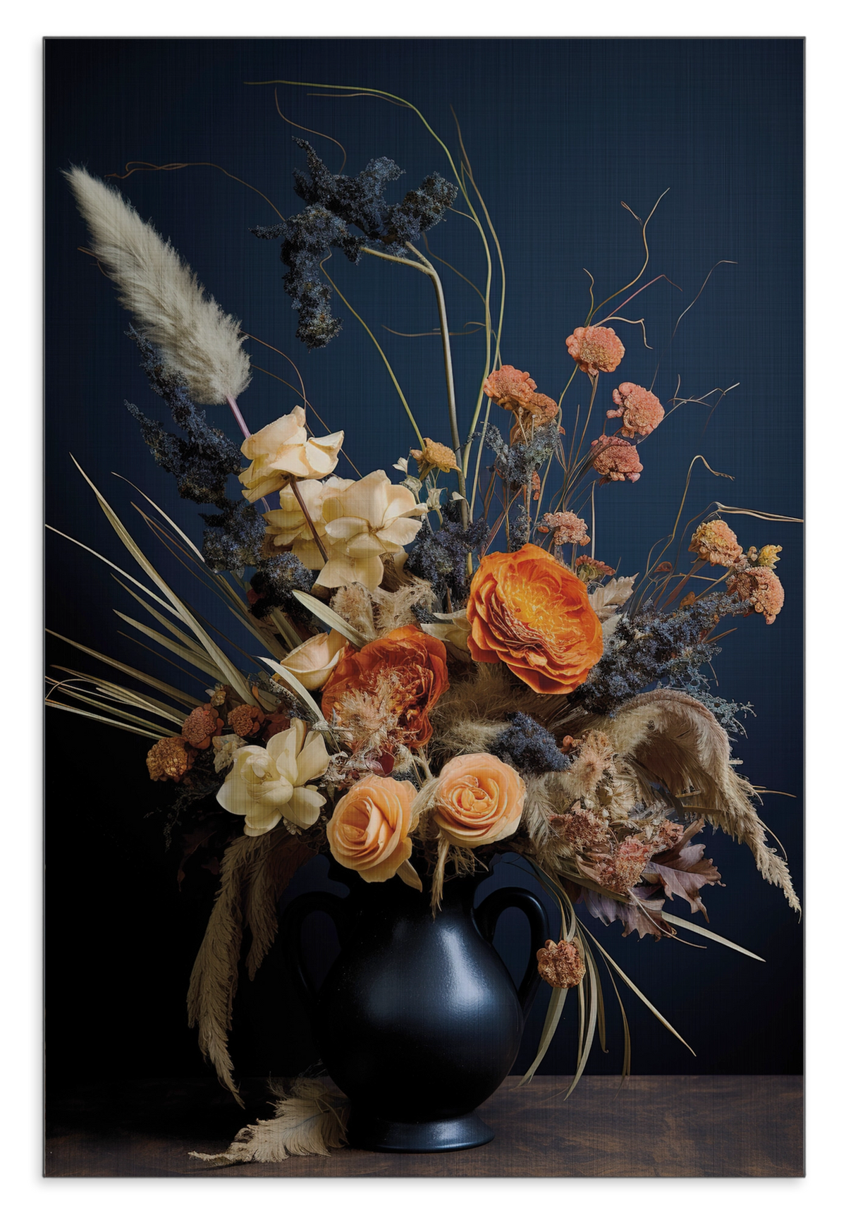 Aluminium Dibond schilderij Bloemen 12: kleurrijk boeket met pluimen in een donkere vaas.