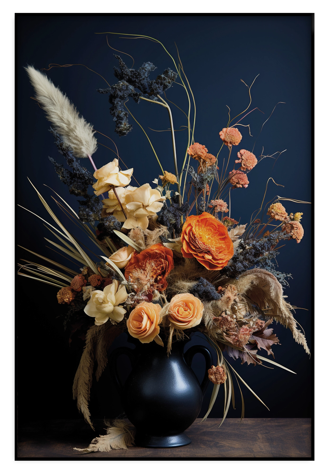 Artframe Bloemen 12: kleurrijk boeket met pluimen in een donkere vaas.