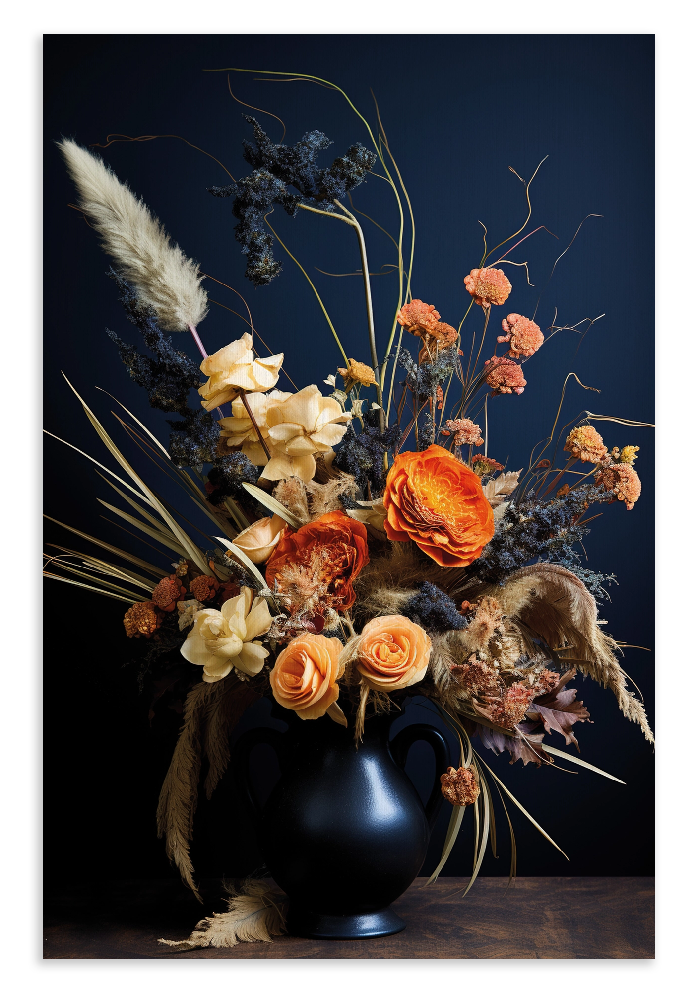 Canvas schilderij Bloemen 12: kleurrijk boeket met pluimen in een donkere vaas.