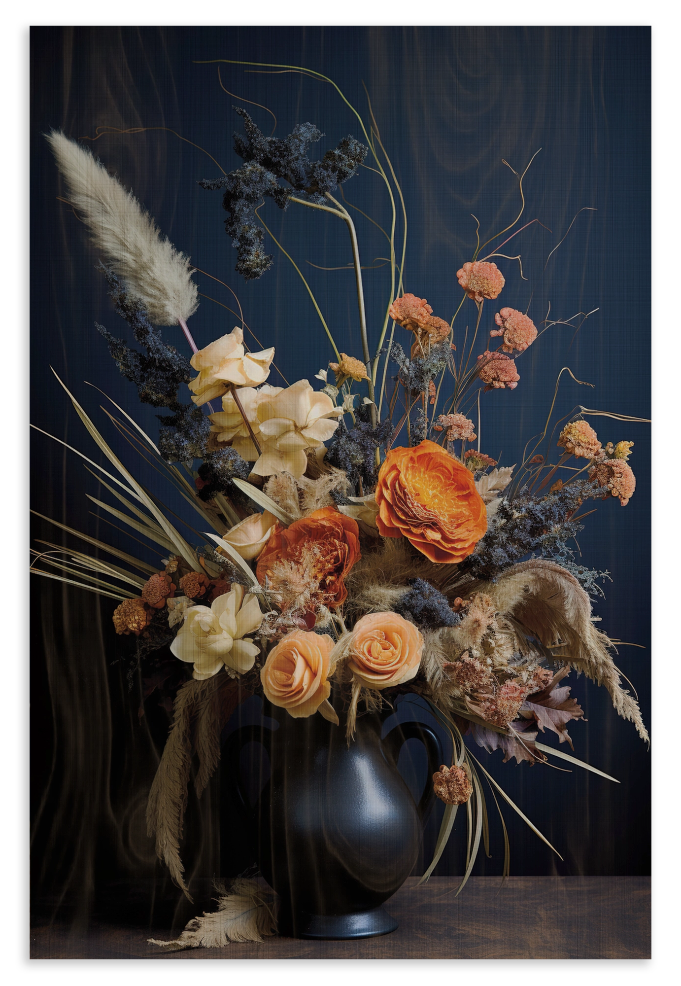Houten wanddecoratie Bloemen 12: kleurrijk boeket met pluimen in een donkere vaas.