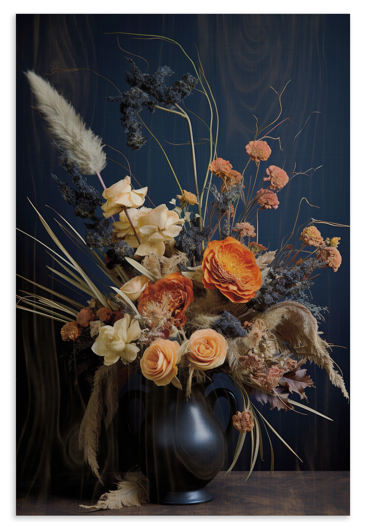 Houten wanddecoratie Bloemen 12: kleurrijk boeket met pluimen in een donkere vaas.