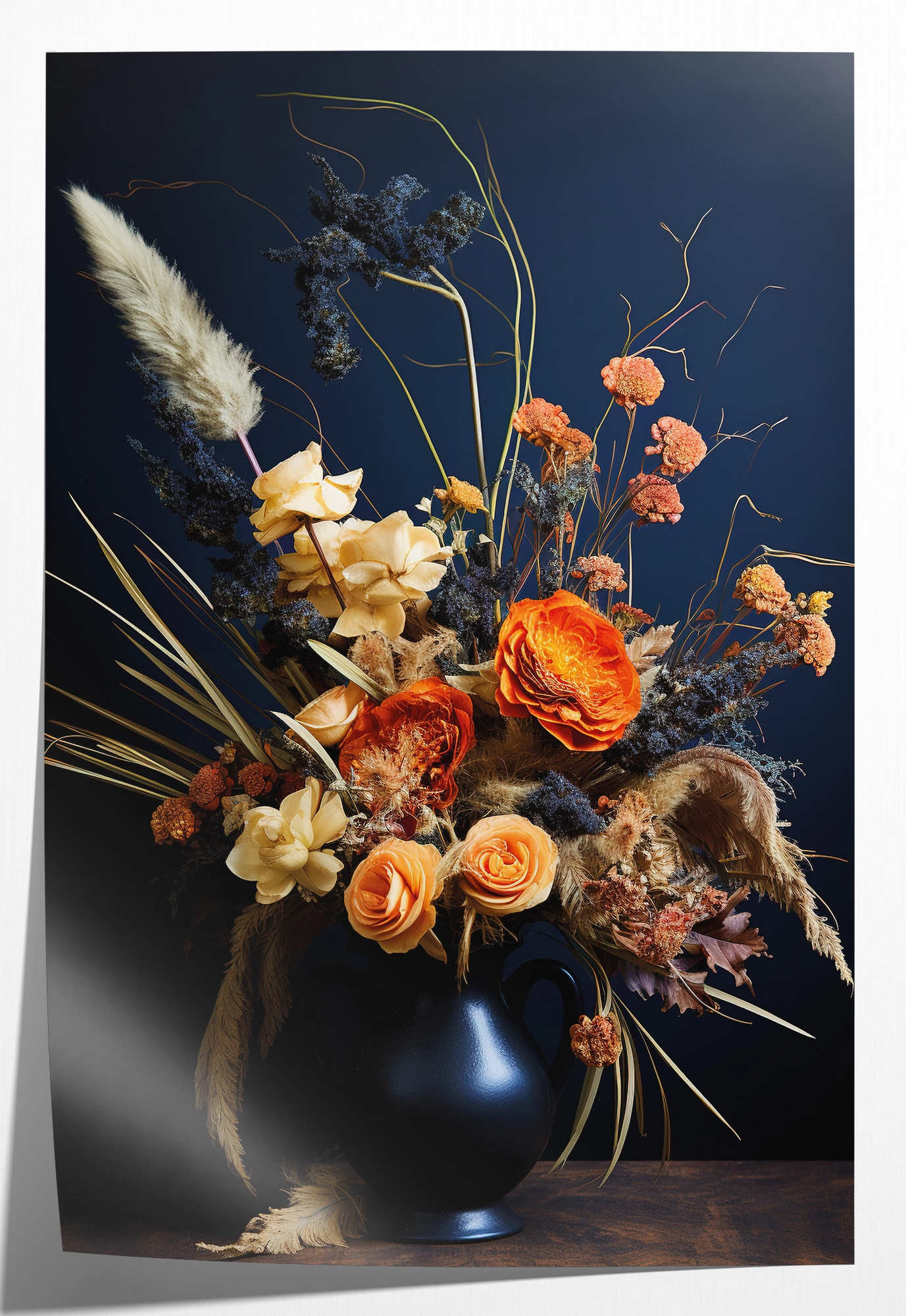 Papieren poster Bloemen 12: kleurrijk boeket met pluimen in een donkere vaas.