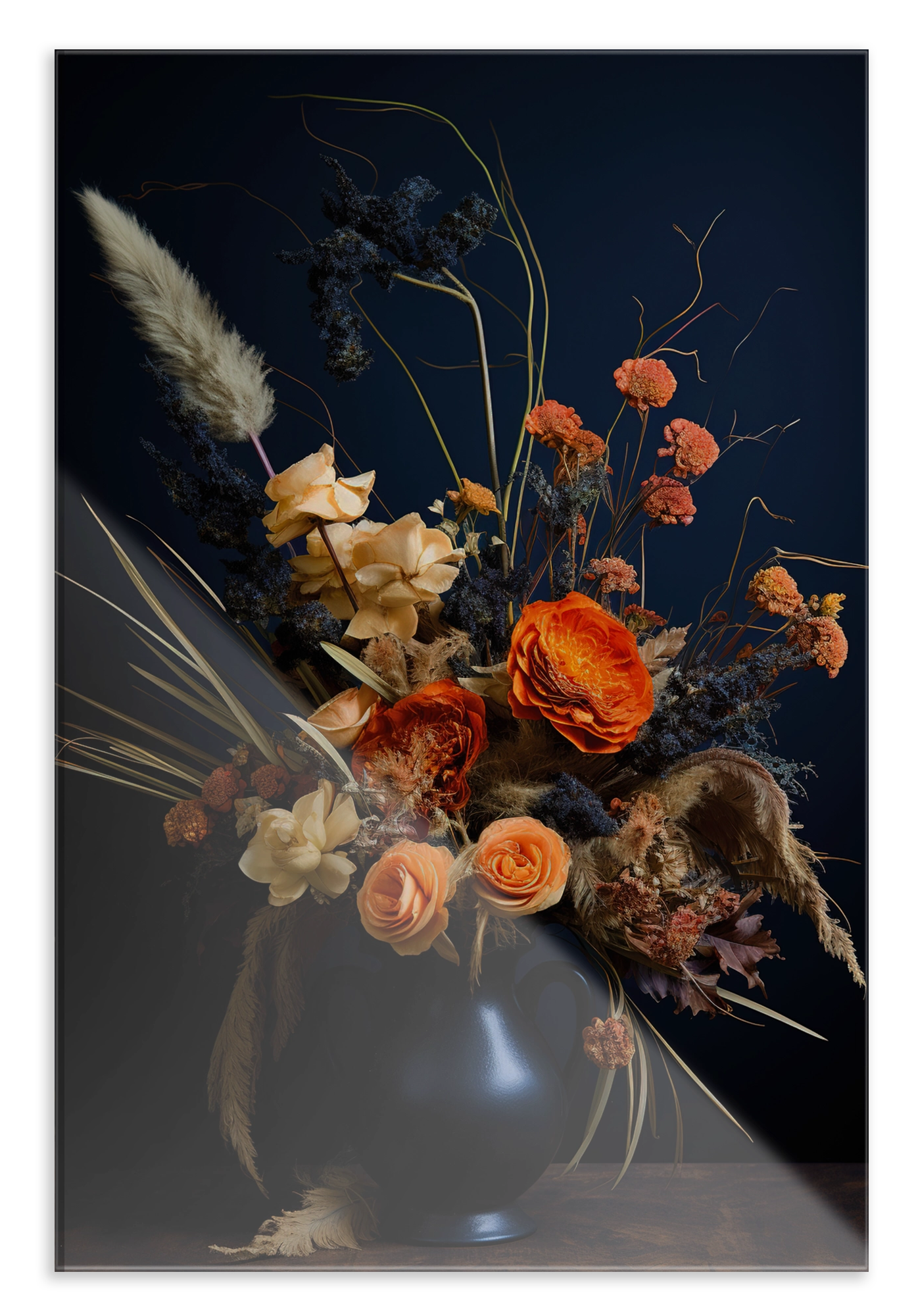 Plexiglas schilderij Bloemen 12: kleurrijk boeket met pluimen in een donkere vaas.