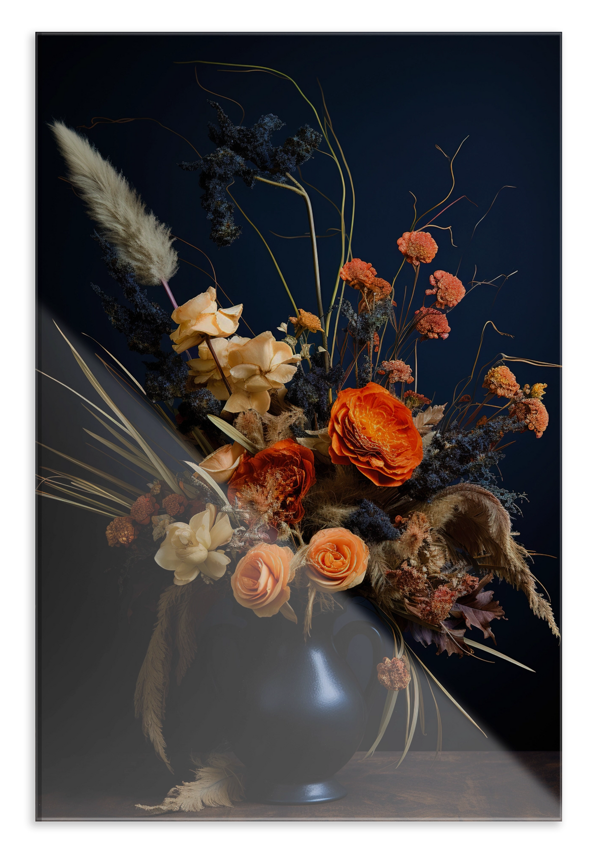 Plexiglas schilderij Bloemen 12: kleurrijk boeket met pluimen in een donkere vaas.