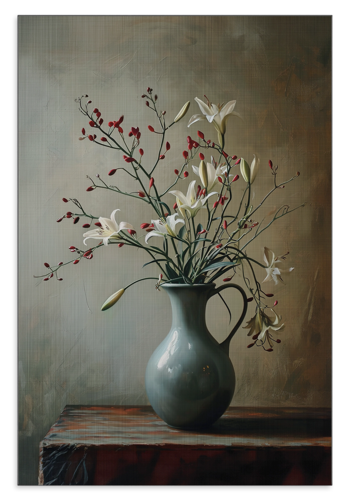 Aluminium Dibond schilderij Bloemen 13: fijne bloesemtakken in een donkere vaas op een houten tafel.