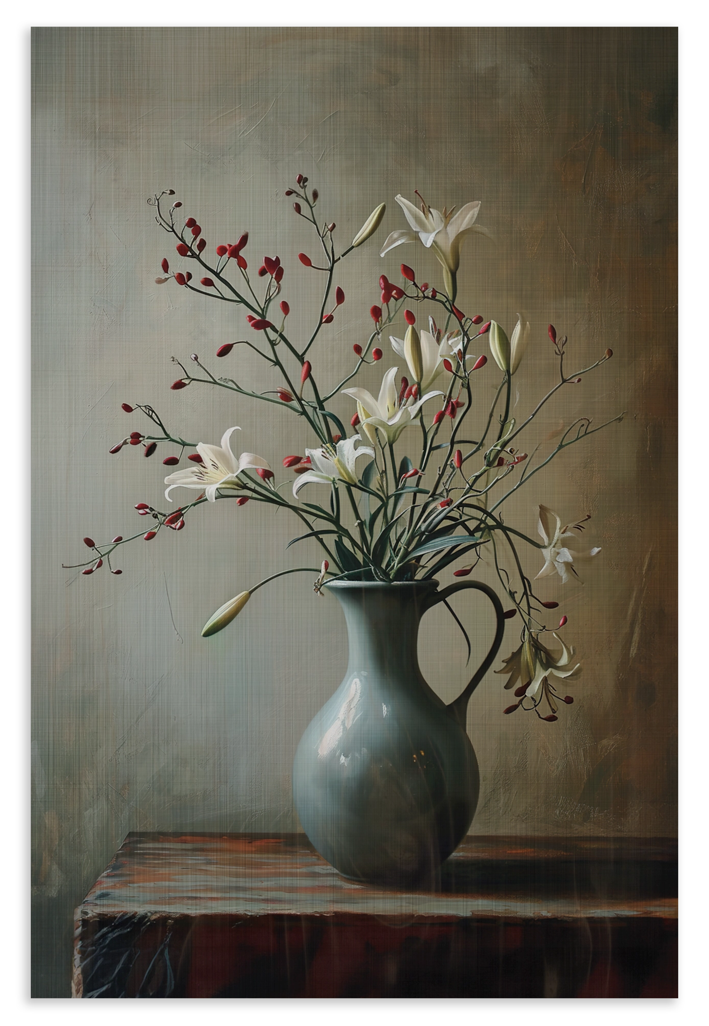 Houten wanddecoratie Bloemen 13: fijne bloesemtakken in een donkere vaas op een houten tafel.