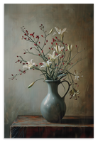 Houten wanddecoratie Bloemen 13: fijne bloesemtakken in een donkere vaas op een houten tafel.