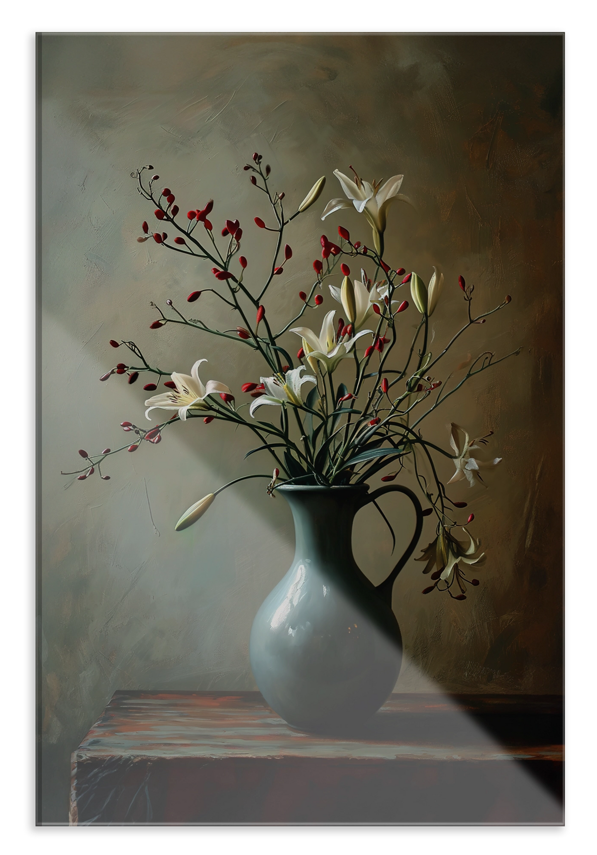 Plexiglas schilderij Bloemen 13: fijne bloesemtakken in een donkere vaas op een houten tafel.