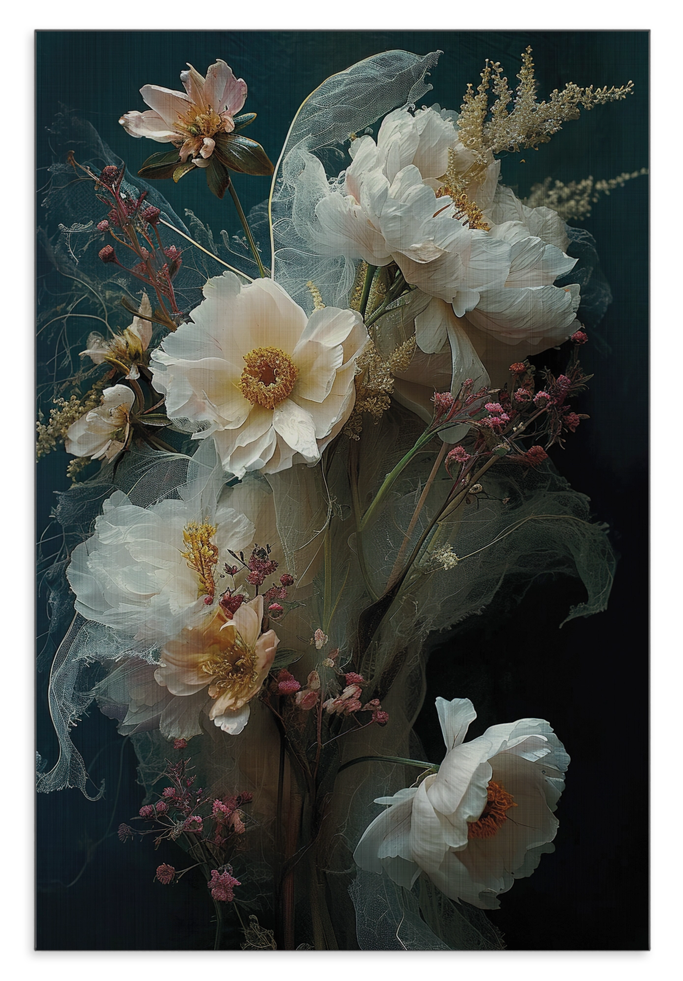 Aluminium Dibond schilderij Bloemen 14: grote witte bloemen tegen een donkergroene achtergrond.