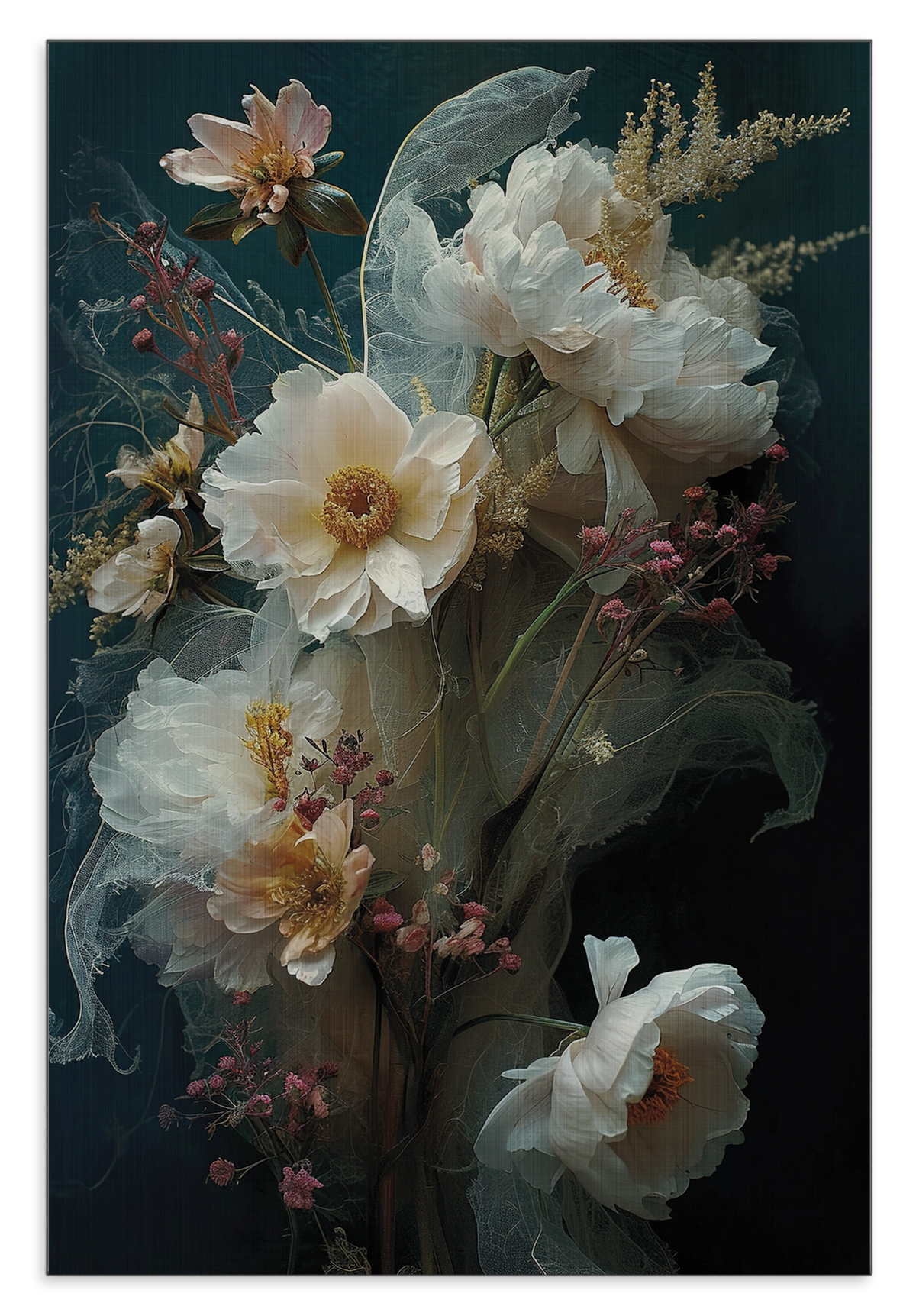 Aluminium Dibond schilderij Bloemen 14: grote witte bloemen tegen een donkergroene achtergrond.