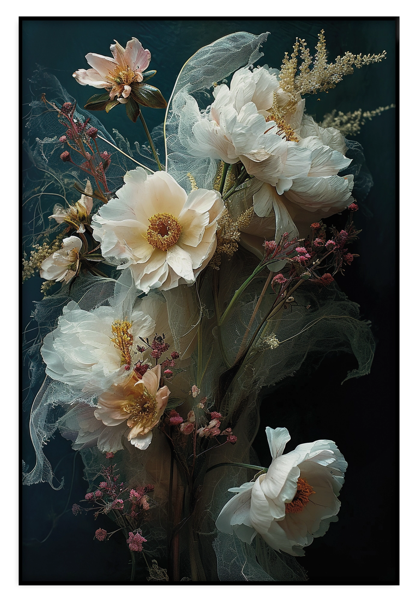 Artframe Bloemen 14: grote witte bloemen tegen een donkergroene achtergrond.