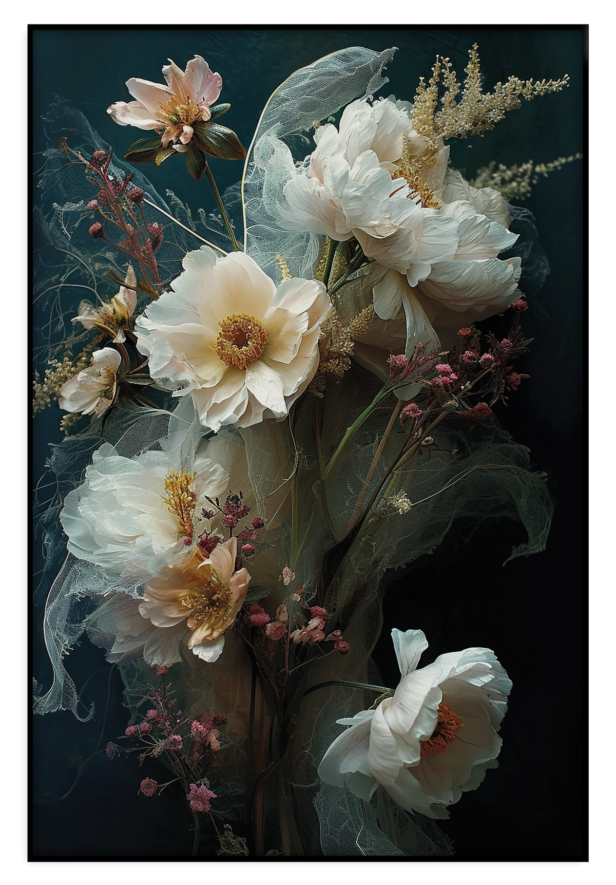 Artframe Bloemen 14: grote witte bloemen tegen een donkergroene achtergrond.